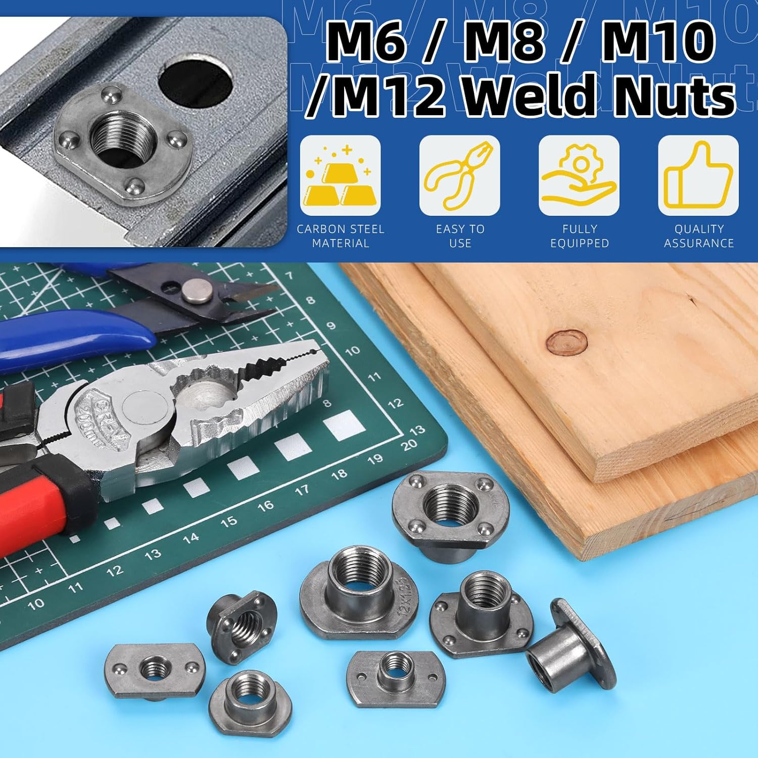 Glarks 32Pcs Weld Nuts Set, M6 M8 M10 M12 Tab Base UNC Carbon Steel Machine Screw T-Nuts 2 Projection 4 Projection for Furniture Vehicles Caster Industry Machine image number 3