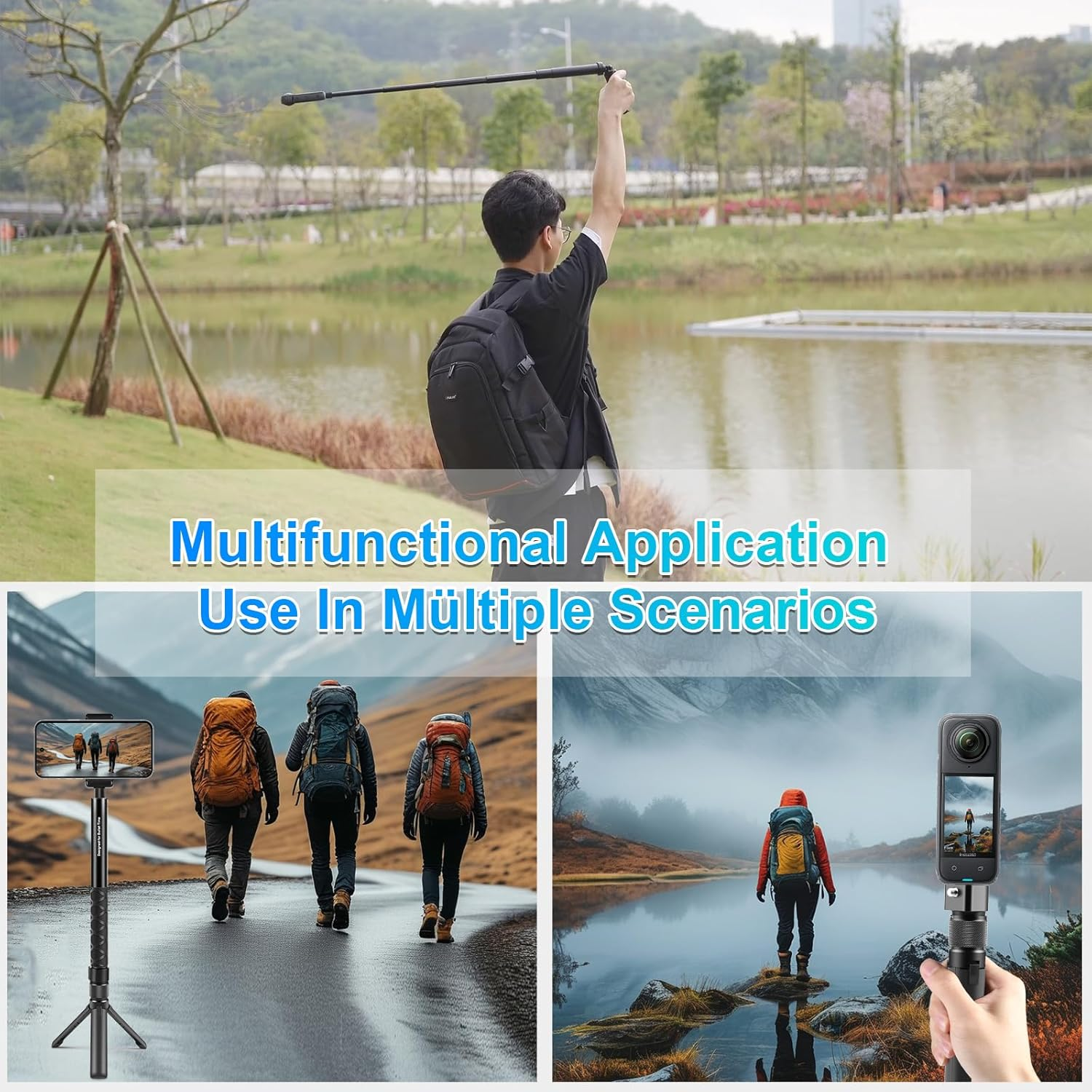 PULUZ Insta 360 Bullet Time Handle for Insta360 X3 X4 X5 ONE X2, Mini Tripod Stand with Daul 1/4 Screws for Gopro Hero 12 11 10 9 8 7 6 5 for DJI Osmo Action 3 4 5 Pro, Osmo 360 - Support14 image number 3