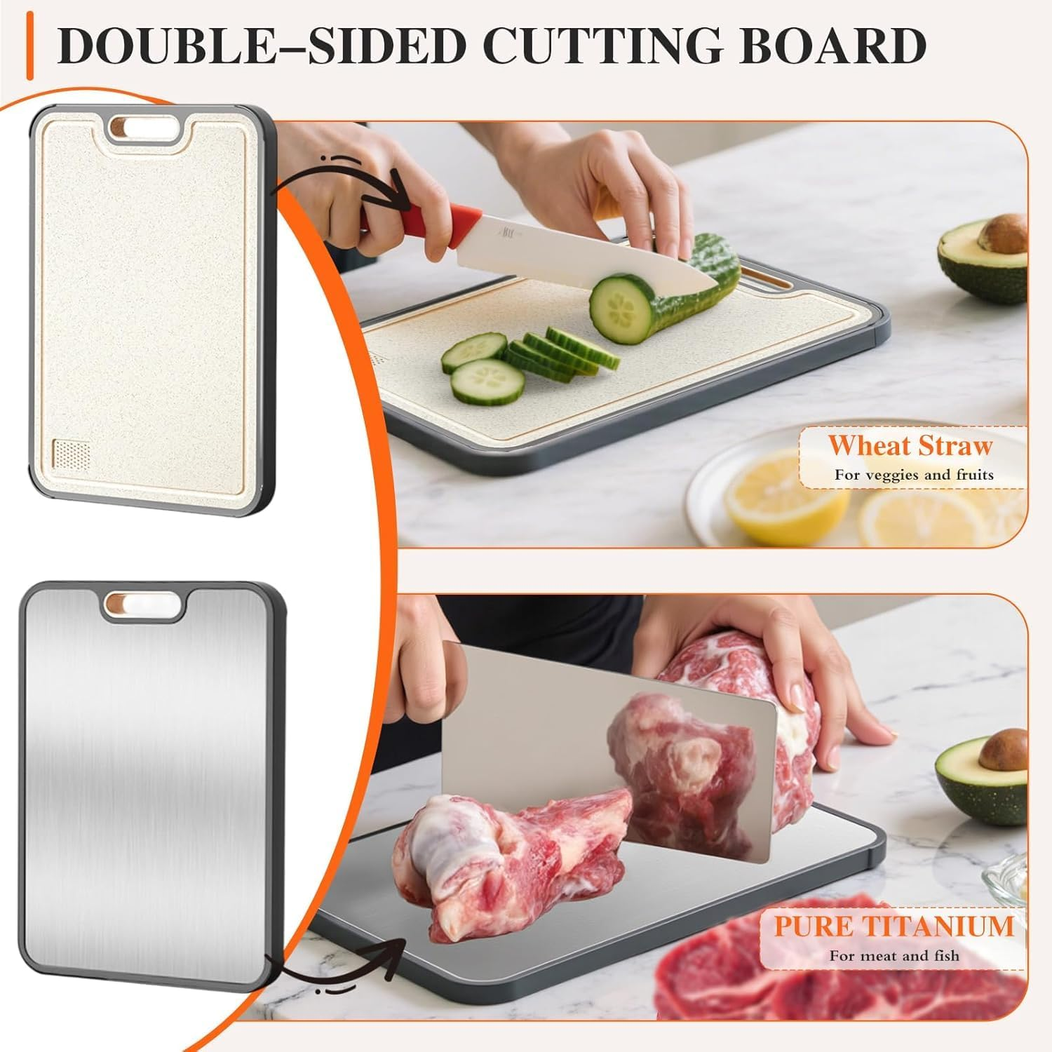 100% Pure Titanium Cutting Boards with Garlic Grinder，Double Sided Wheat Straw and Titanium Chopping Board,38X26X1.4Cm Large Cutting Boards with Non-Slip Handle，Easy to Clean Odorless and Antibacteria image number 6