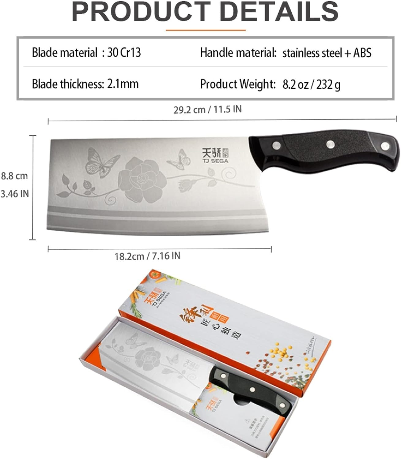 TJ POP Lightweight Meat Cleaver Knife 7.16 Inch, Ultra Sharp Chinese Chef'S Knives, Full-Tang Vegetable Cleaver Chinese Kitchen Knife, Stainless Steel Blade Thickness 2.1 Mm, TJ SEGA Series TC17068