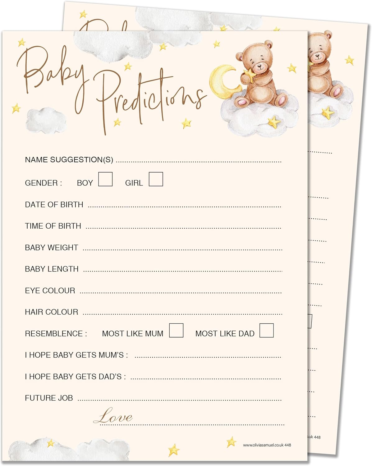20 X A5 Baby Prediction Cards Teddy Bear Themed Baby Shower Game &ndash; Unisex &ndash; Made in the UK image number 3