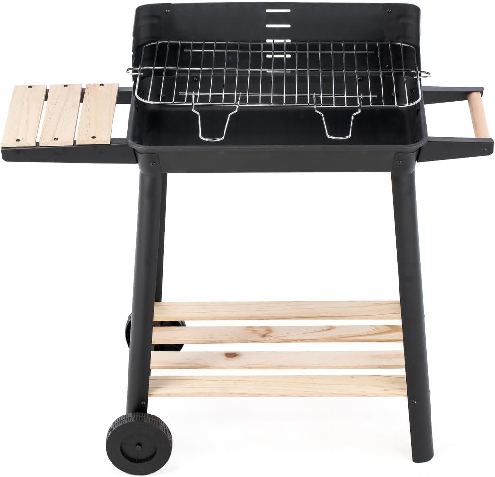 Healthy Choice Charcoal Grill BBQ on Trolley Stand with Manual Rotisserie Stick, Two Wooden Shelves, Wheels for Easy Maneuverability - 87Cm X 83Cm X 45.5Cm, Black + Light Wood image number 3