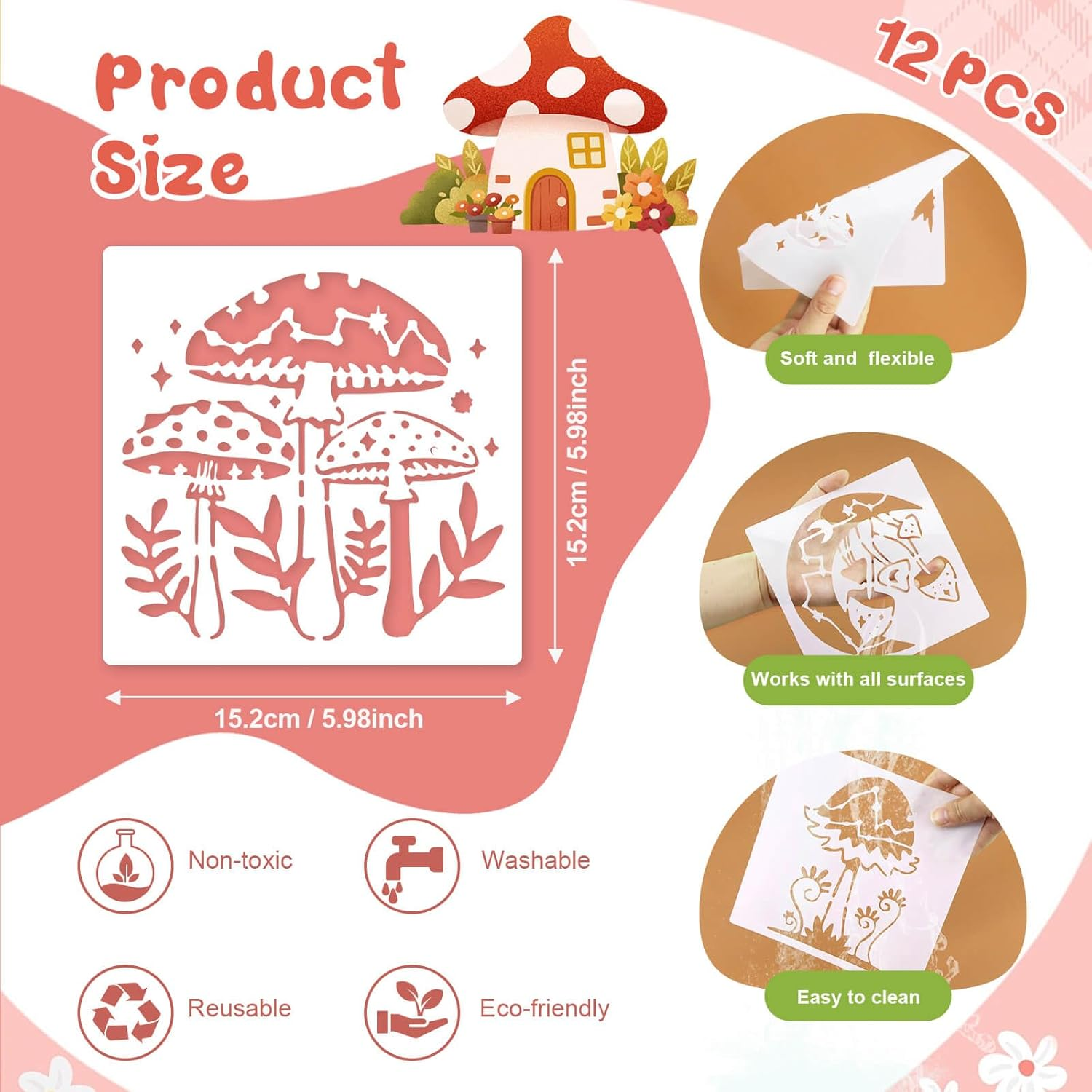 Dayker 12PCS Mushroom Stencils, Reusable Plastic Craft Stencil, Mushrooms Moon Plants Drawing Template, DIY Art Decor for Painting on Wall Canvas image number 3