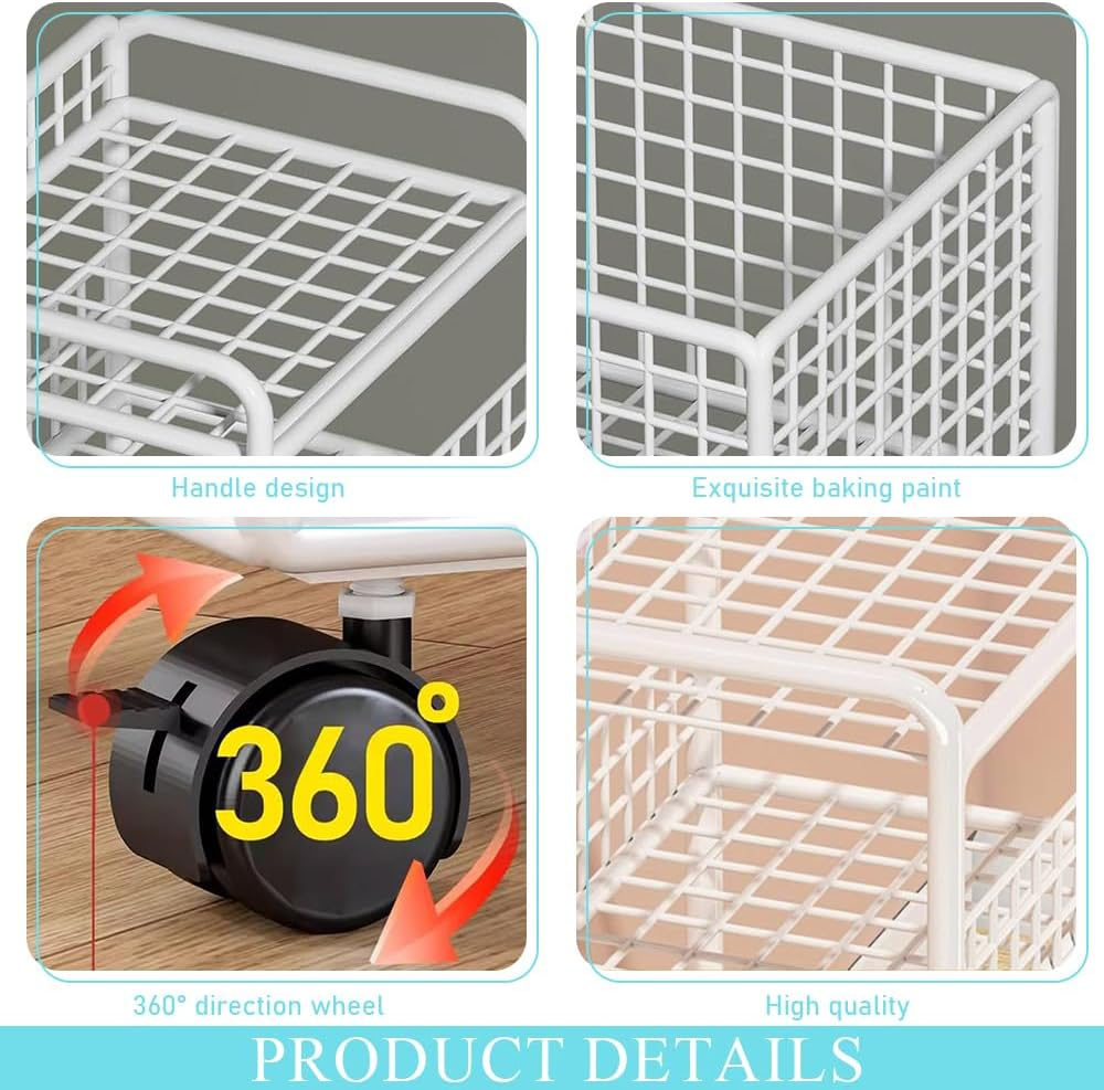 Trolley Mobile Shelving, 2 Tier Storage Rolling Cart, Multifunctional Organizer Utility Cart, Utility Storage Organizer, Mobiletrolley for Kitchen Bathroom Living Room, (52X26X53Cm, White) image number 2