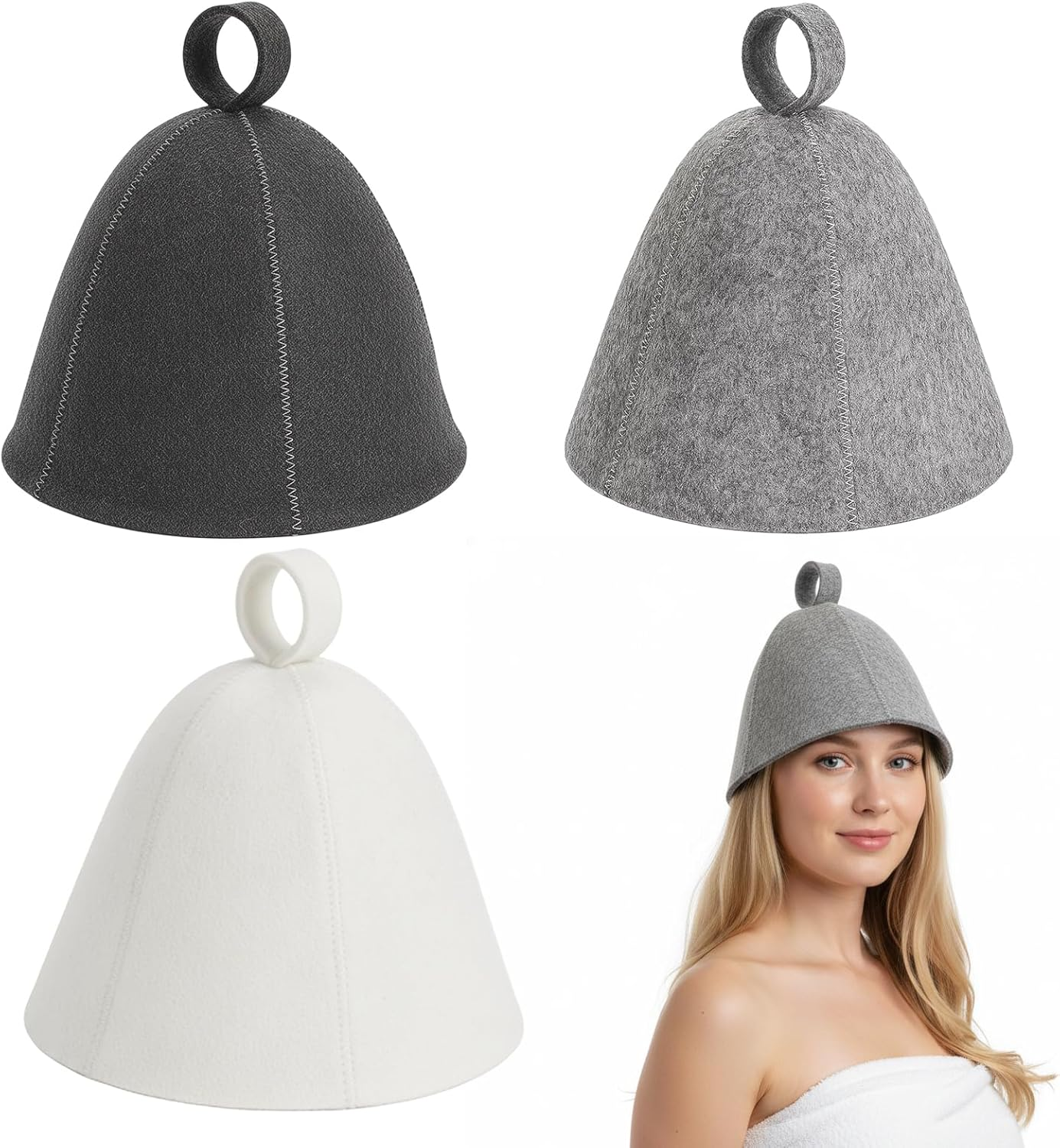 Sauna Hat, 3 Pcs Sauna Caps Set, Black White Grey, Protect Hair and Scalp, Comfortable Sauna Accessories for Men and Women, Ideal for Spa, Bath House, Travel and Gift