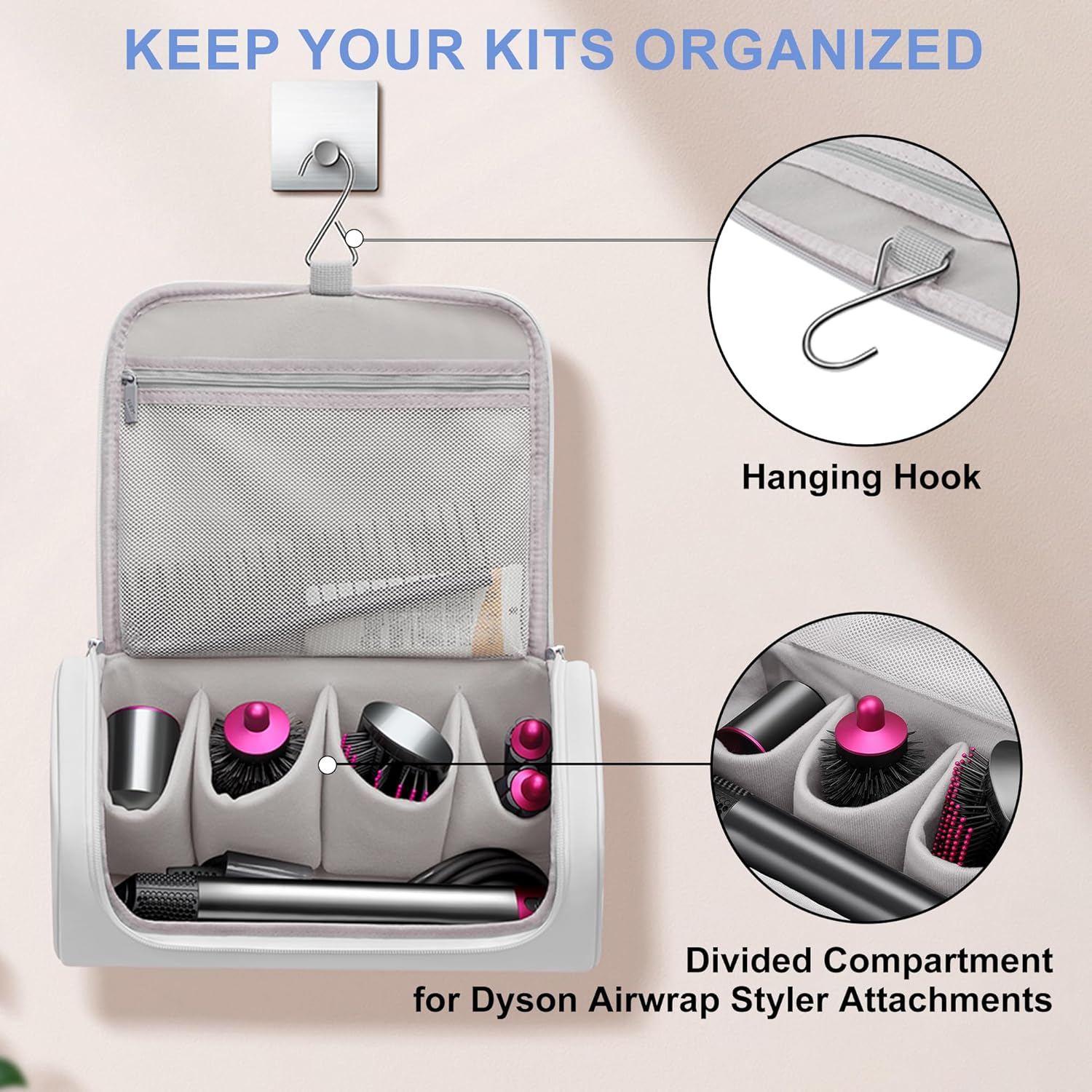 Travel Case Compatible with Dyson Airwrap Styler, Portable Storage Bag for Hair Curler and Attachments, Waterproof Travel Organizer with Hanging Hook Multi-Pockets (Grey) image number 3
