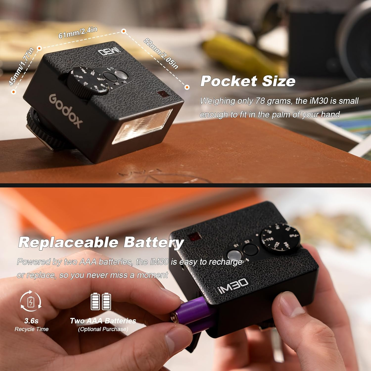 Godox IM30 Mini Pocket Flash Manual Speedlite, S1/S2 Optical Control, Portable Hot Shoe Flash 7 Power Levels 6500 K &plusmn; 200 K Colour Temperature for Sony, Canon, Nikon, Fuji, Pentax (With Tri-Colour image number 5