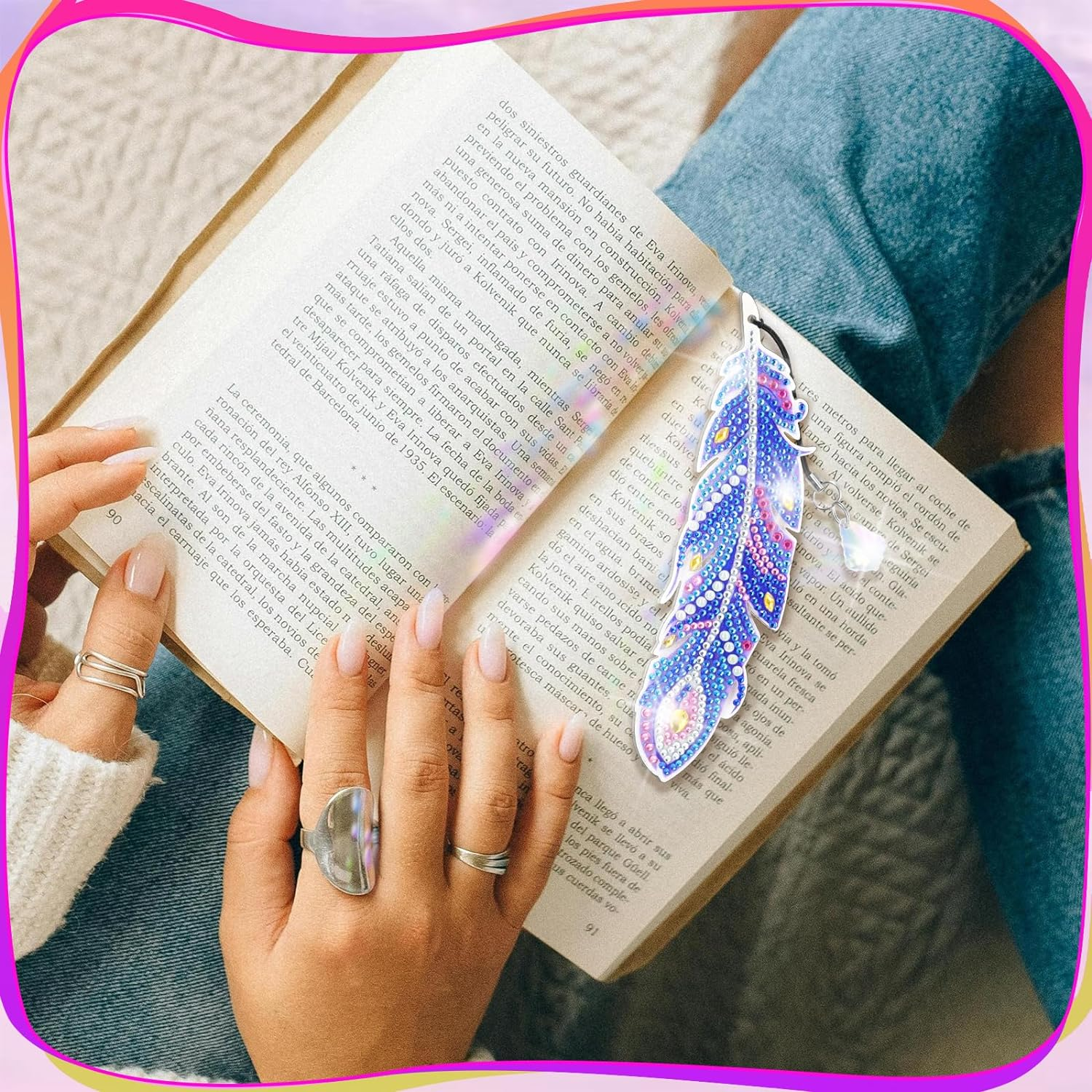 MATHARAGO 6 Pcs Diamond Painting Kits for Kids, Feather Bookmark Diamond Art Kits, DIY Crystal Diamond Art for Kids, Enfants, Girls and Women, Diamond Painting Bookmarks with Crystal Pendant (YQ088) image number 1