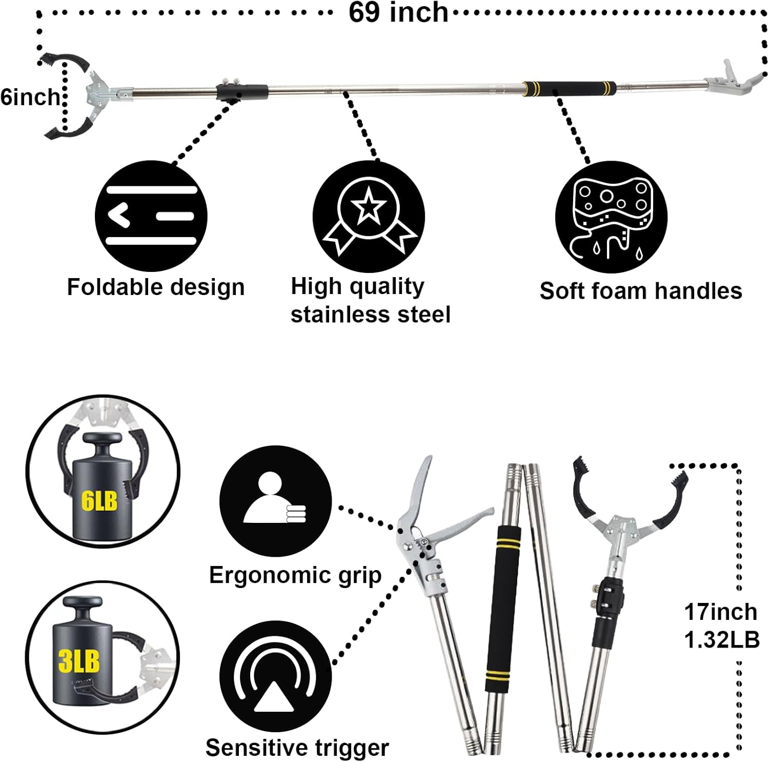 Grabber Reacher Tool Extra Long, 69" Trash Picker Upper Grabber Heavy Duty Stainless Steel Thickened Non-Slip 6 Inch Wide Jaws Claw Reaching Tool image number 5