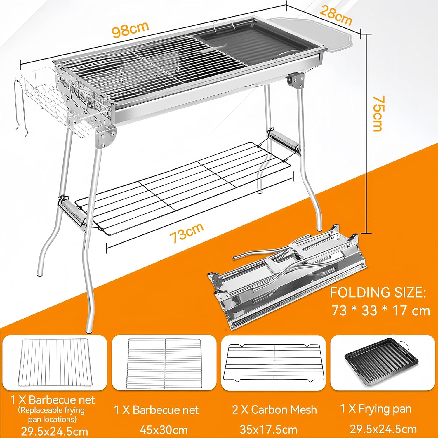 Charcoal Grill, 39 X 12 X 30 Inch Large Foldable Grill, Food Grade Sturdy and Heat-Resistant, Portable Storage Suitable for Five to Ten People, Used for Outdoor Cooking and Camping image number 3