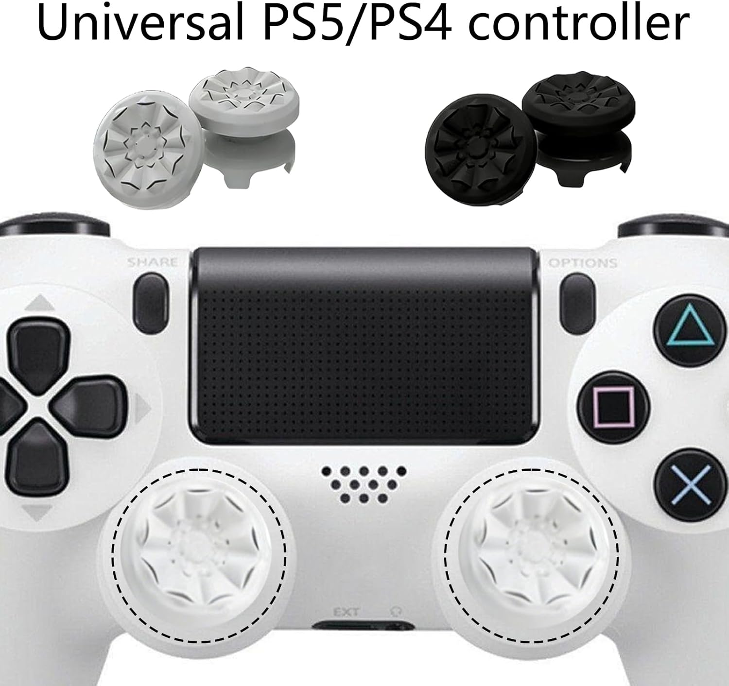 Yxvyxymyxxg Textured Thumb Grips for PS5, 2 Pairs Black and White Non-Slip Silicone Joystick Caps &mdash; Compatible with PS5 / PS4 Controllers, to Improve Grip/Control image number 3