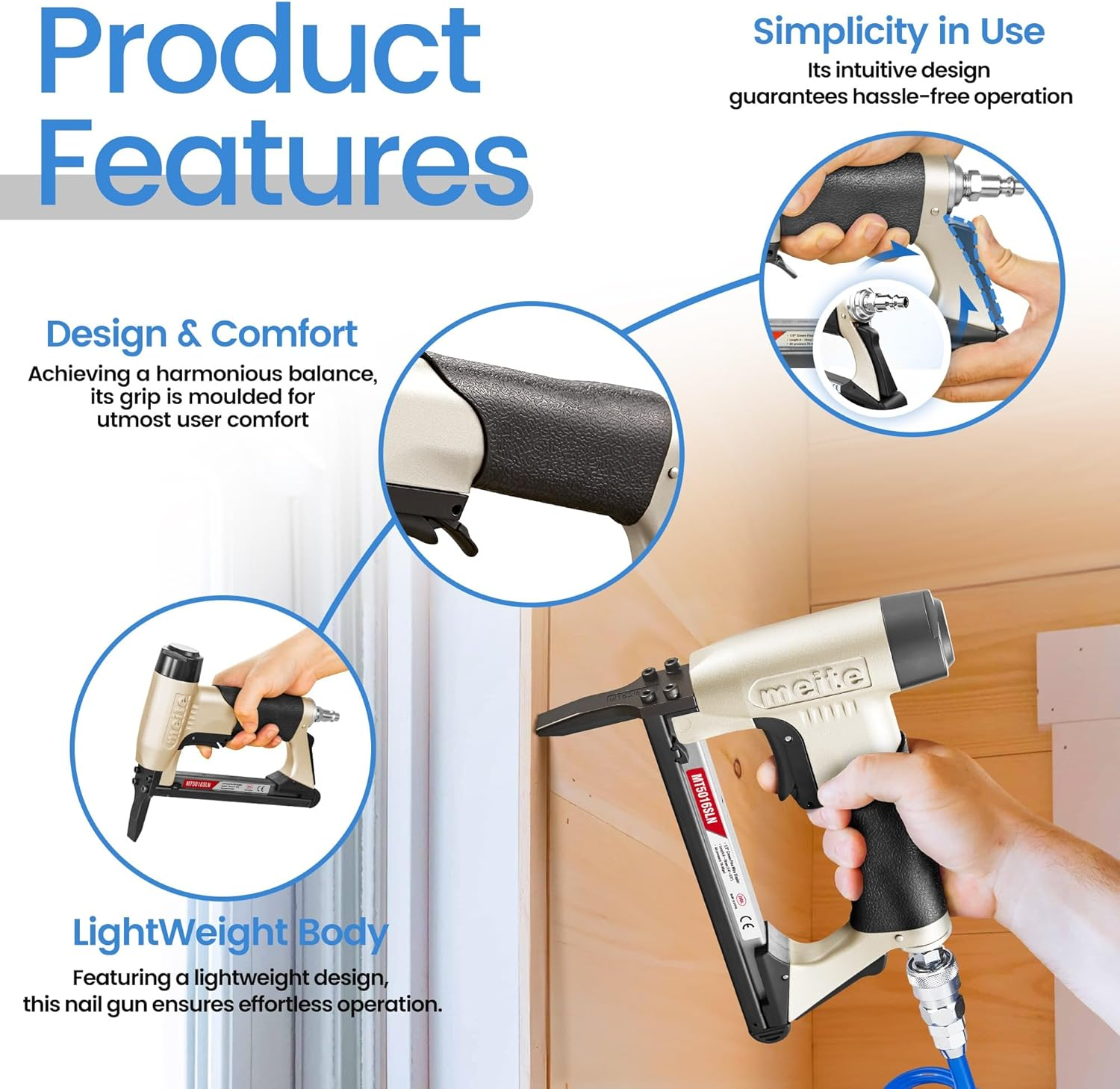 Meite MT5016SLN Pneumatic Upholstery Stapler with Safety Switch, Long Nose Air Staple Gun, 20 Gauge 50 Series / 6 to 16 Mm Lightweight Upholstery Air Stapler for DIY, Funiture and Woodworking image number 2