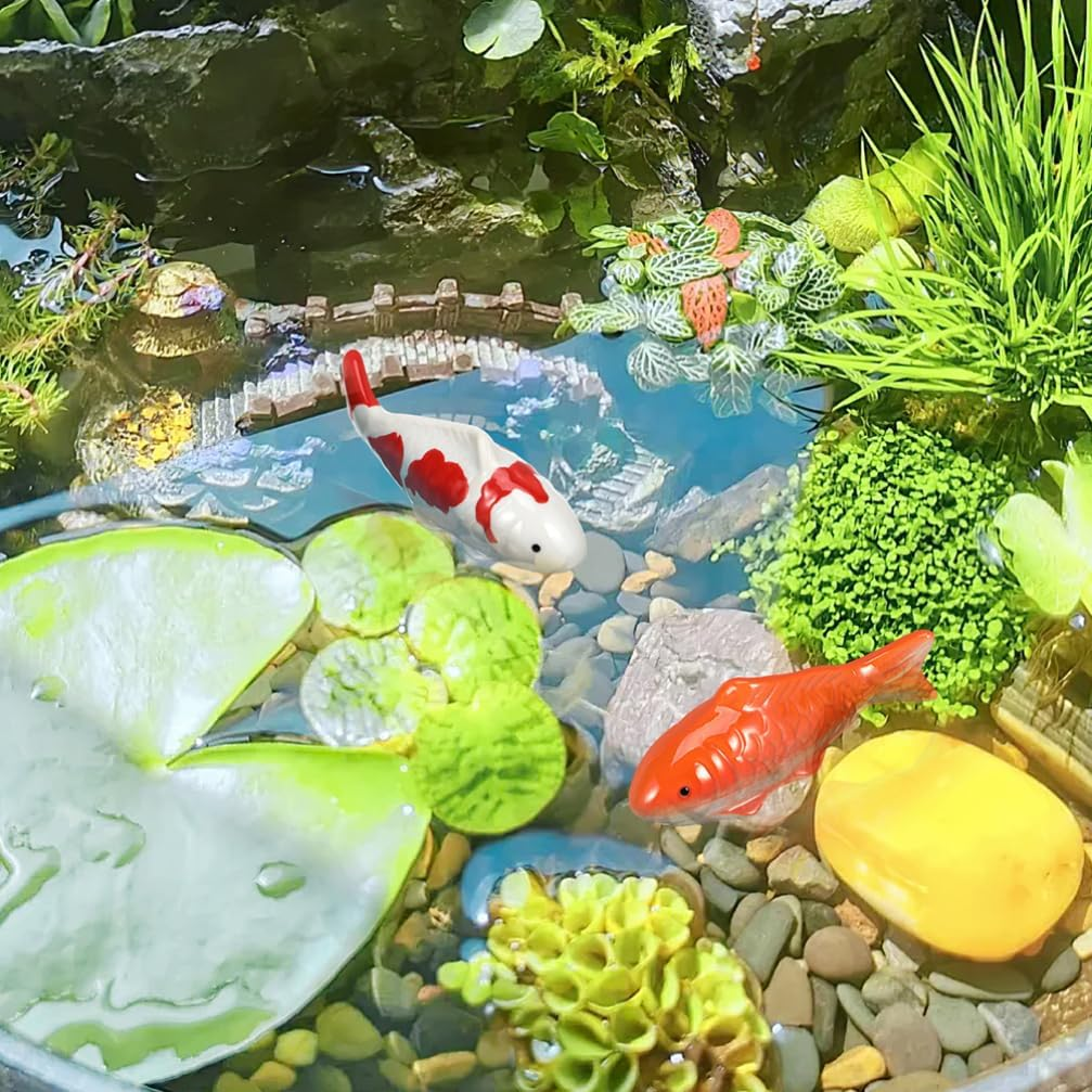 Milisten Ceramic Floating Fish 6Pcs Small Koi Fish and Frog Figurines Aquarium Pond Floaters Ornaments for Desktop Pond Tank Decoration image number 1