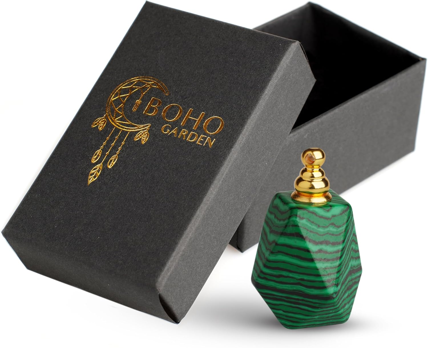 BOHO GARDEN Crystal Keepsake Urn - Wearable Small Container for Ashes, Memorial Urns Made from Real Crystal Material - Includes Spoon, Stick, Funnel & Storage Box (Malachite (Gold))