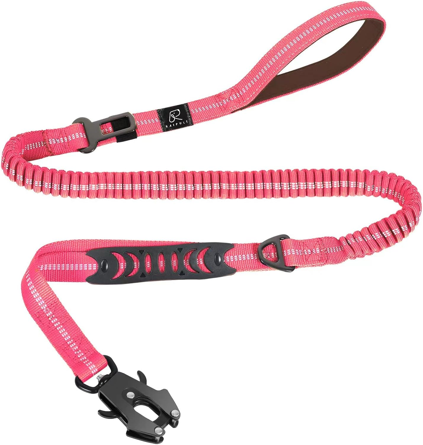 Raipult Tactical Heavy Duty Bungee Dog Leash for Medium Large Dogs That Pull, Military K9 Working Lead, 4-6FT Shock Absorbing Frog Clip Dog Leashes with Padded Traffic Handle & Car Seatbelt, Black