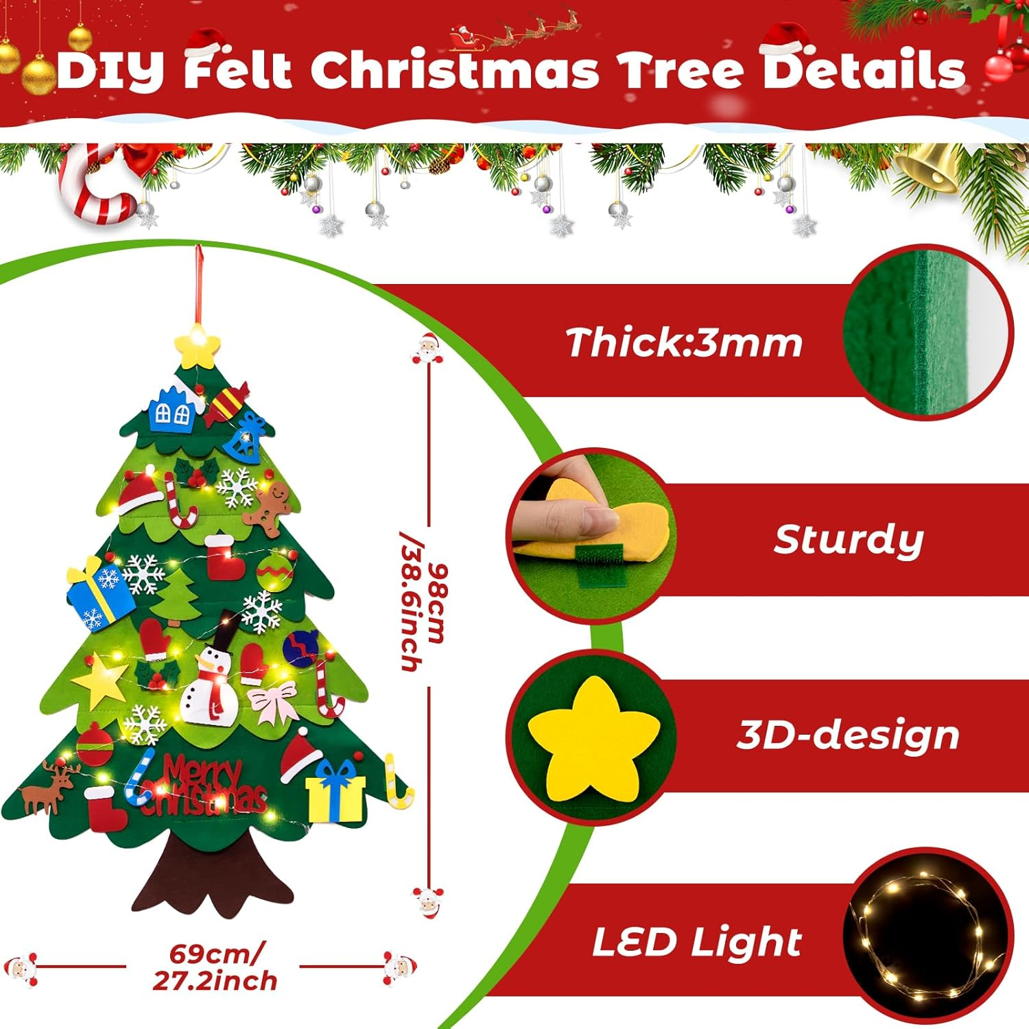 Felt Christmas Tree Set for Toddlers Kids with 3M/9.8Ft Led String Light, 3.2Ft/98Cm Wall Hanging DIY Christmas Tree with 32 Detachable Ornaments for Xmas Home Decoration image number 4