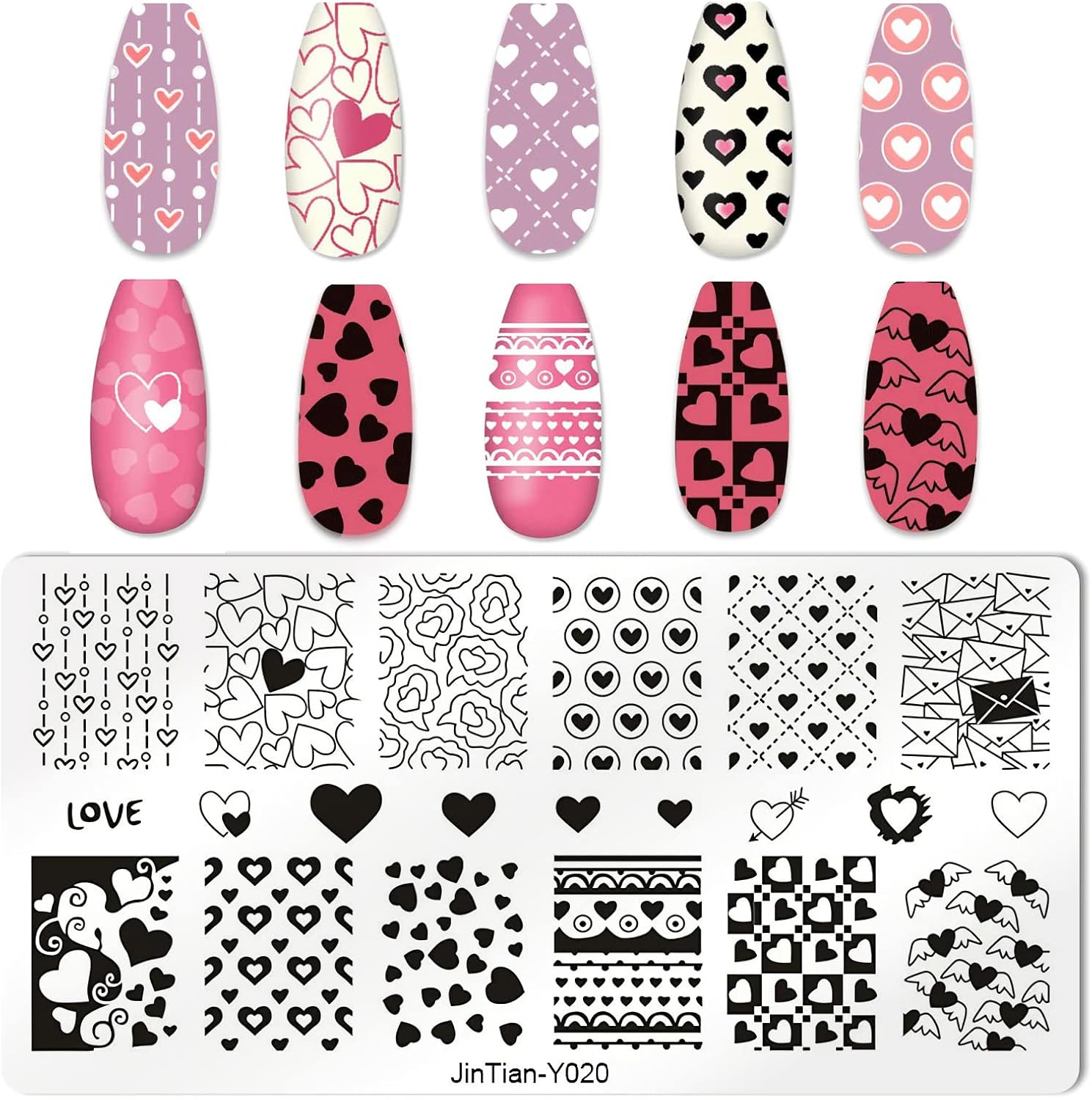 6PCS Valentine Nail Stamping Plates Kit with 1PCS Stamper & Scraper, Heart Nail Art Stamp Templates with Heart Lips Diamond Love Design for DIY Valentine'S Day Nail Decoration image number 3
