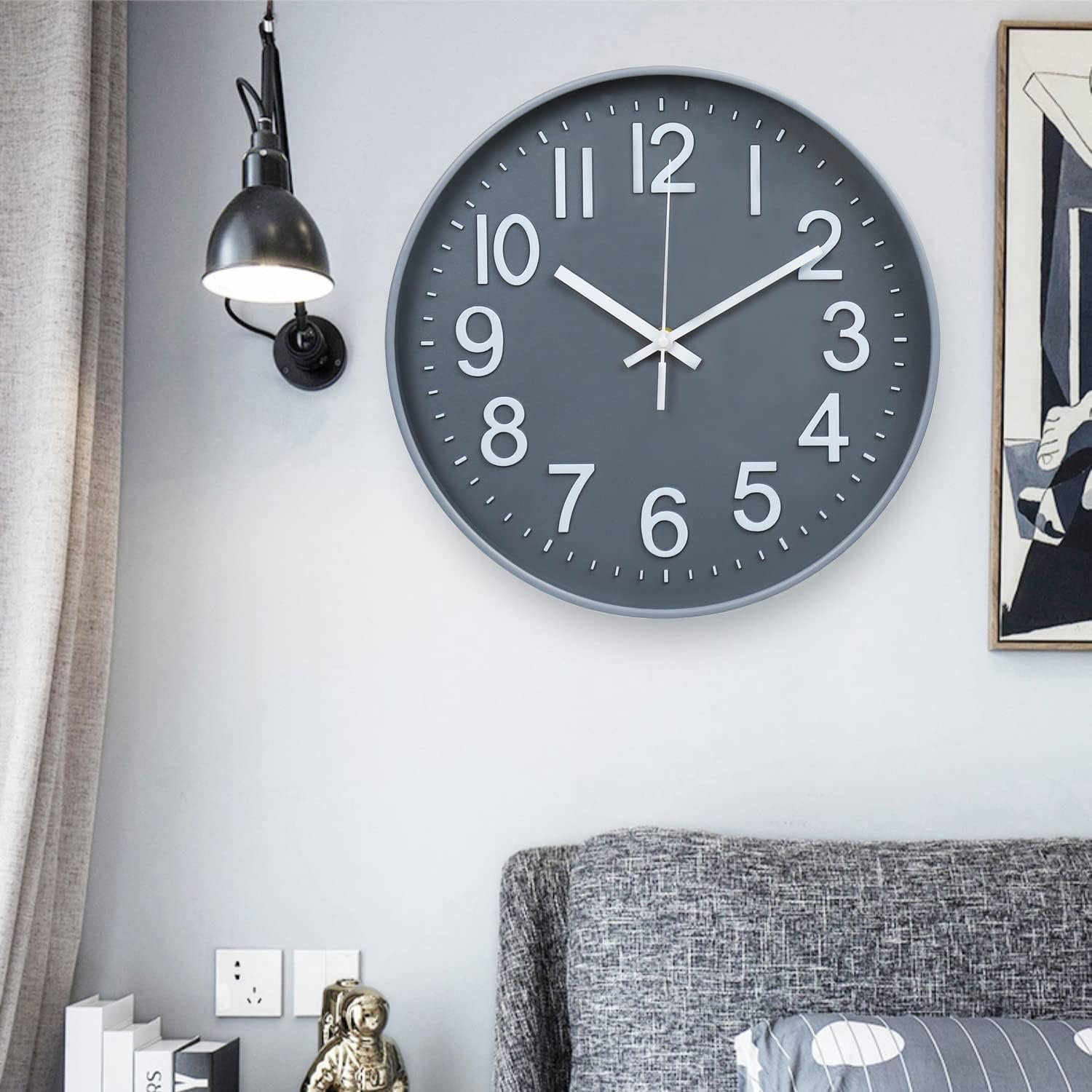 Wall Clock 12" Silent Non-Ticking Modern Wall Clocks Battery Operated for Office, Home, Bathroom, Kitchen, Bedroom, School, Living Room White (Grey Clock)