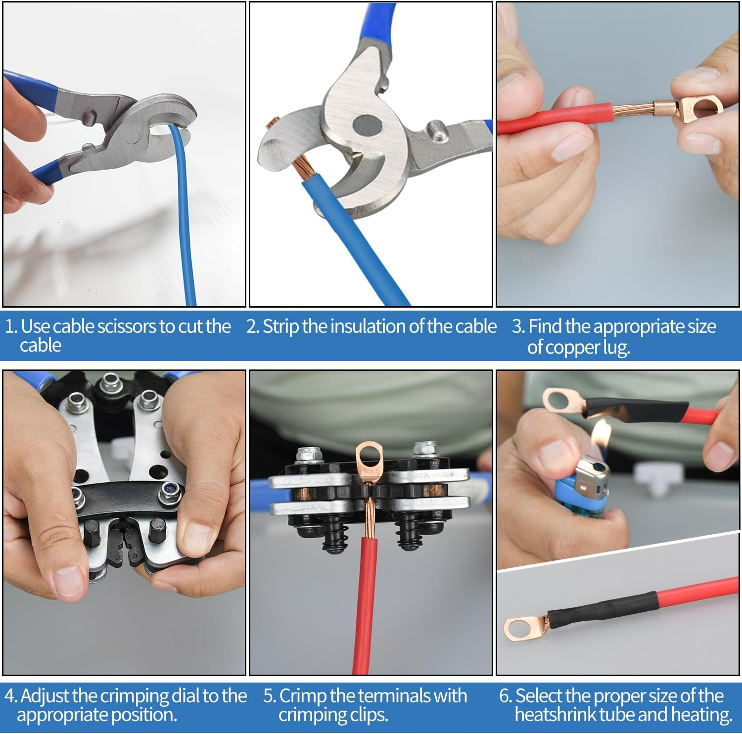 Mdvora Cable Lug Crimping Tool with 170Pcs Copper Wire Lugs, Wire Crimping Tool for AWG 10-1/0 Electrical Lug Crimper, with Cable Cutter, 210Pcs Dual Wall Adhesive Heat Shrink Tubing MD-0002 image number 2