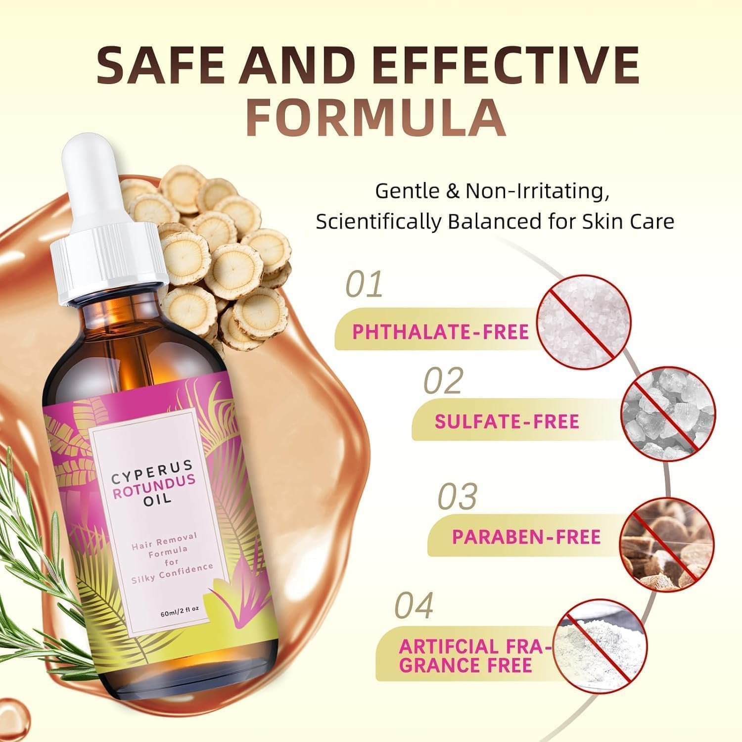 Cyperus Rotundus Oil - 60Ml Natural Cattail Oil, Moisturizing and Soothing, Convenient for Hair Removal and Reducing Body Hair Growth, Suitable for All Skin Types image number 3