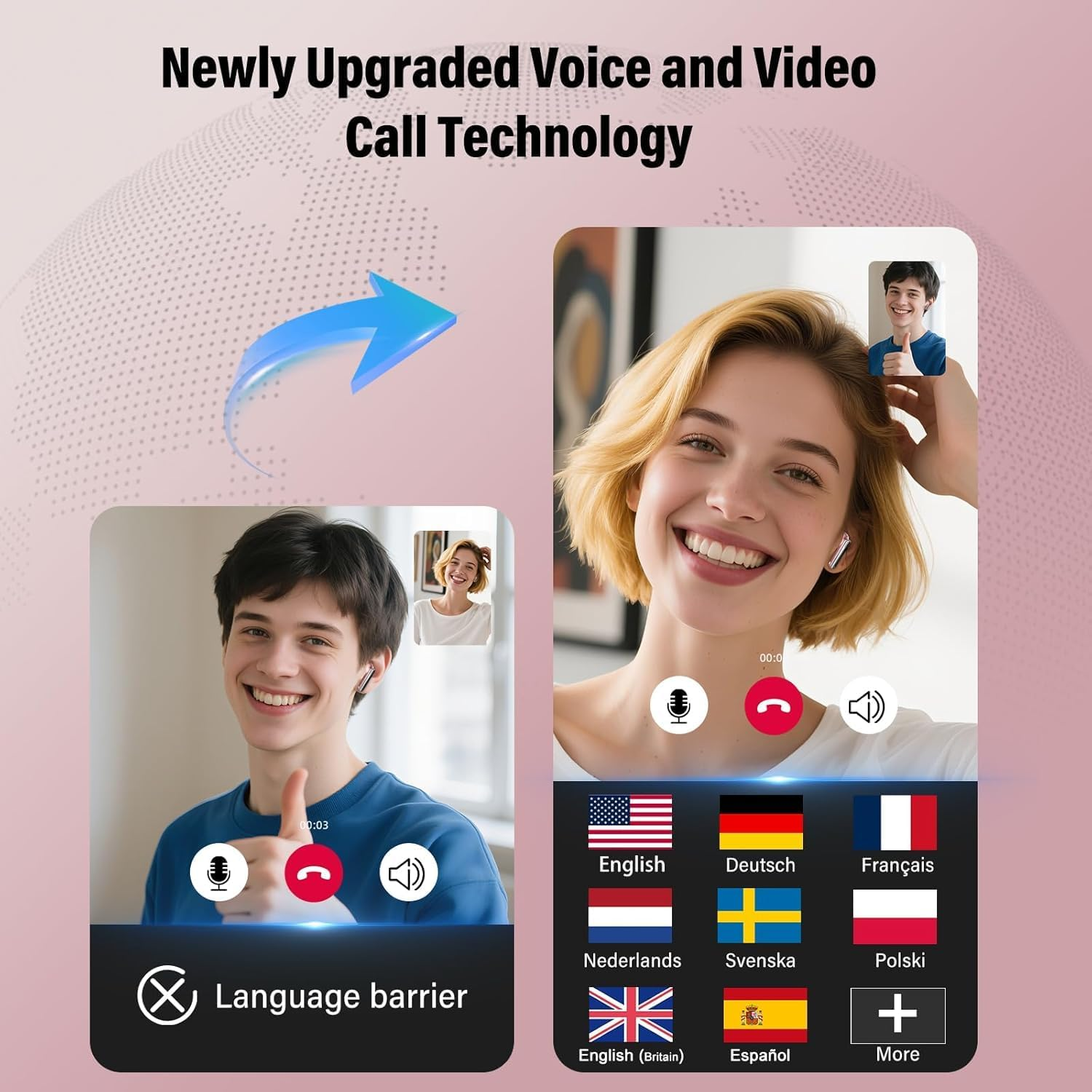 AI Language Translator Earbuds with Audio and Video Calls, 3-In-1 Bluetooth 5.3 Translation Earbuds with 164 Real Time Languages Pink