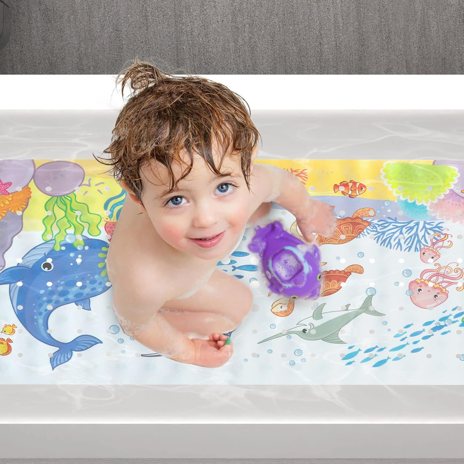 Baby Bath Mat for Bathroom 40X16 Inch Long Shower Mats Non-Slip Bathtub Mat with Suction Cup Reusable Baby Bathtub Mat Machine Washable (Turtle+ Blue Whale) image number 2