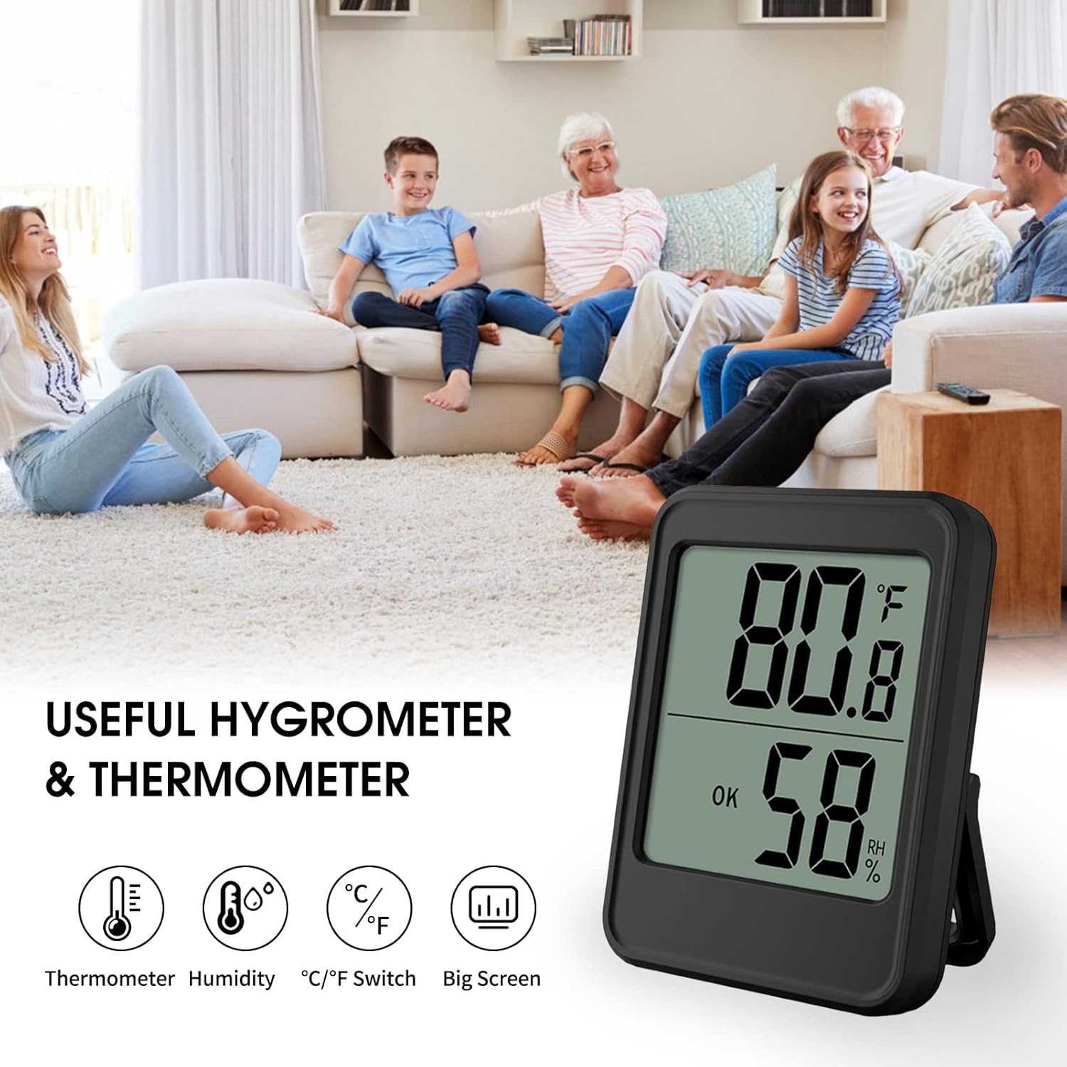 Indoor Hygrometer Thermometer Large Screen Display Desk Wall Magnetic Electronic Temperature Humidity Meters with Bracket for Home Greenhouse Cellar