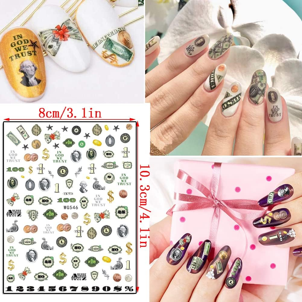 Money Nail Art Stickers, Interesting Dollar Nail Art Decals 3D Self-Adhesive Nail Sticker Design Holographic Funny Money Nail Decal for Women Girls Manicure Charms Decorations DIY Lucky Nail Art Tips image number 3