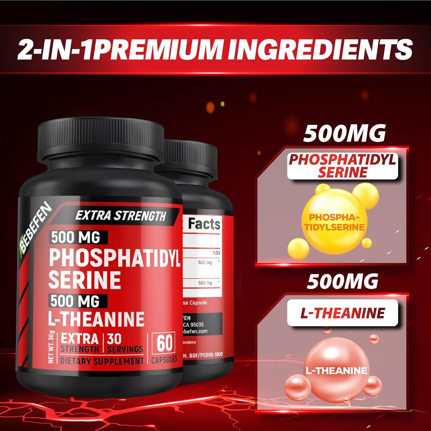 Phosphatidylserine Supplement 500Mg per Serving with L-Theanine 500 Mg, 60 Capsules (Phosphatidyl Serine Complex) by BEBEFEN image number 1