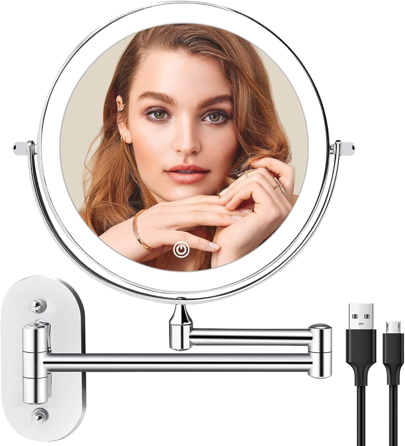 Rechargeable Wall Mounted Lighted Makeup Vanity Mirror 8 Inch 1X/10X Magnifying Bathroom Mirror with 3 Color Lights, Double Sided with Dimmable LED Lights, Extended Arm 360&deg; Swivel Extension Mirror