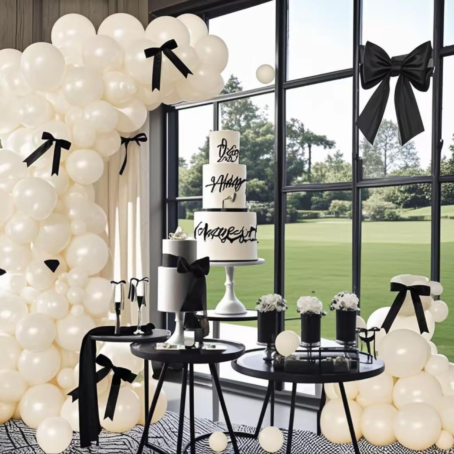 141 Sexy Birthday Decorations, Beige Balloon Arch Set, Pearly White Balloons and Black Bow Wedding Baby Shower Gender Reveal Black Bow Birthday Decorations (Beige) - Black + Beige image number 3