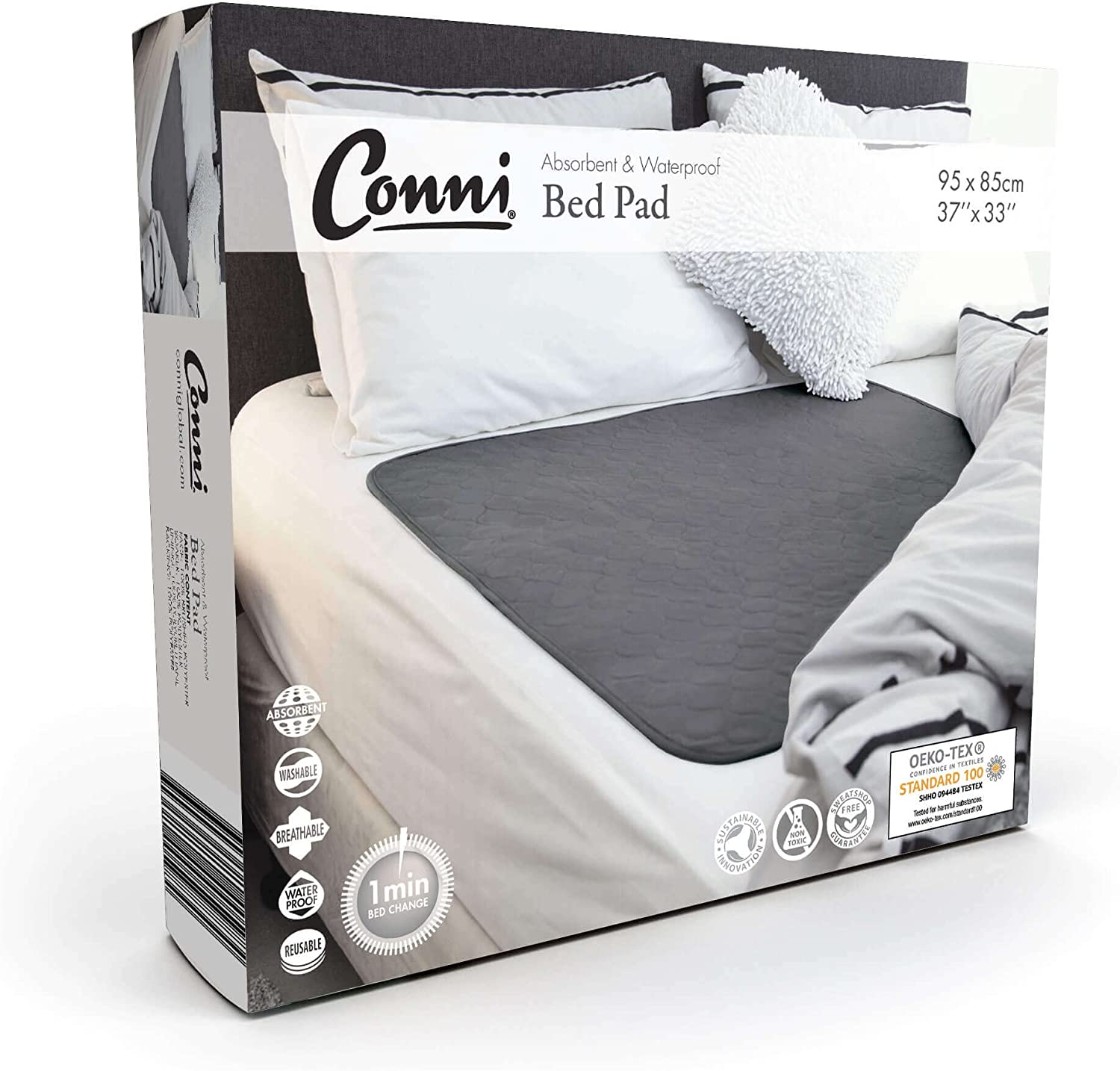 Conni Reusable Bed Pad, Absorbent, Waterproof and Washable Protector Pad for Incontinence, Bed Wetting and Perspiration, Charcoal, 95 X 85 Cm