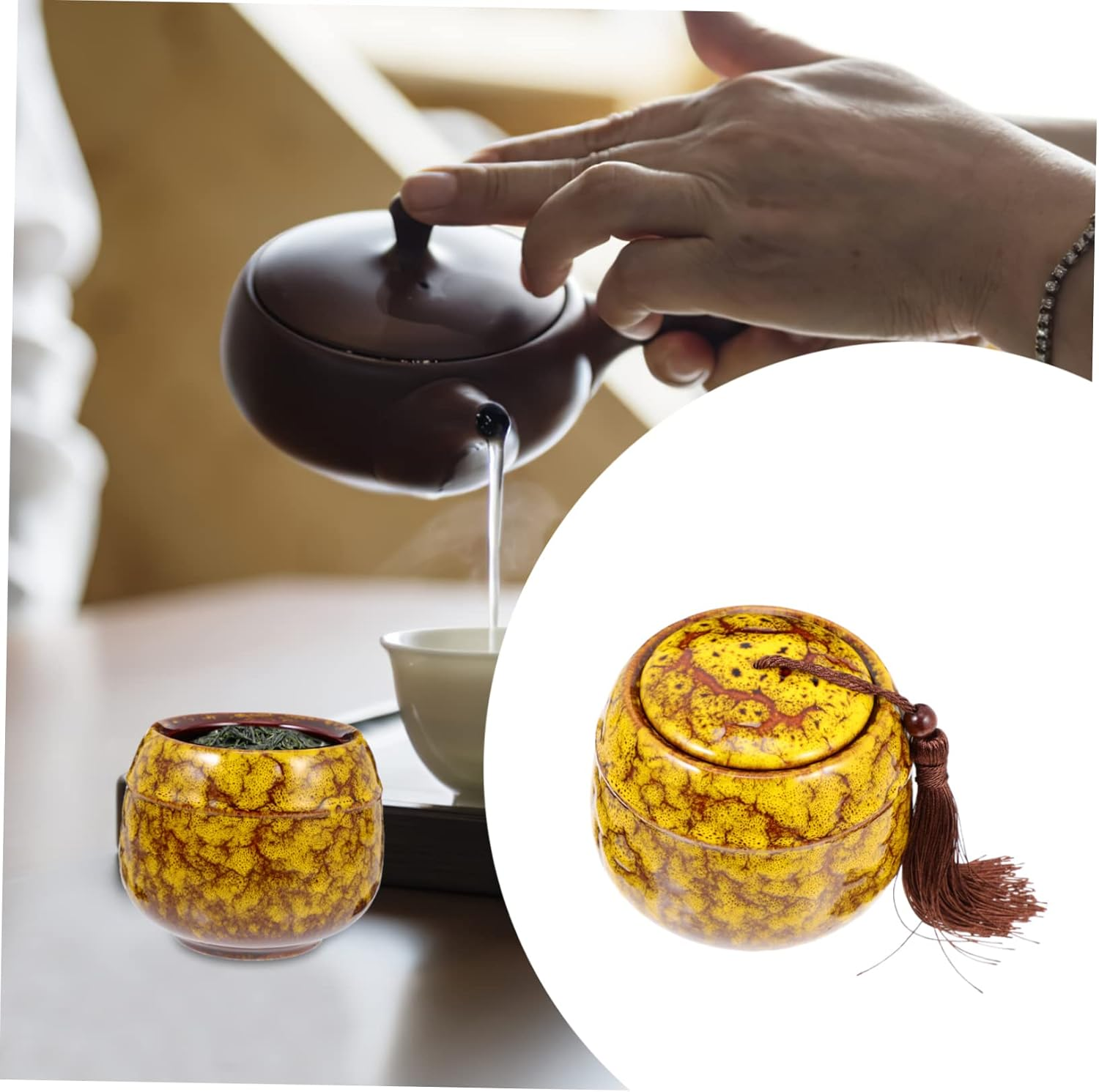 Traditional Ceramic Tea Canister Tassel Lid Vintage Tea Storage Jar for Home Organization Airtight Food Storage for Spices image number 2