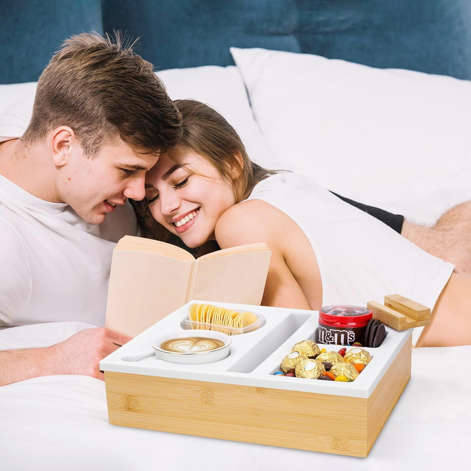 Bamboo Couch Cup Holder Tray 6-In-1 Snack Box Couch Caddy with Rotatable Phone Stand for Sofa Bed Car Seat Organizer, Waterproof Anti-Spill Silicone Drink Holder Tray for Snacks Beverage Remote image number 4