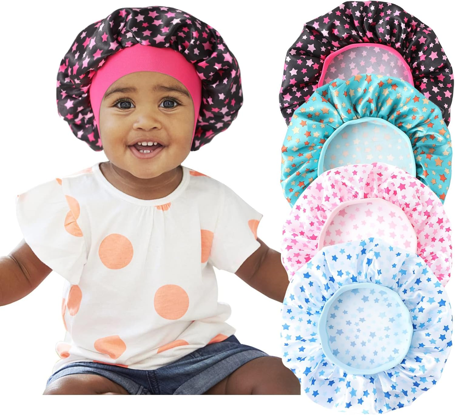 4 Pcs Silk Bonnet for Sleeping Kids Bonnets for Girls Baby Satin Sleep Cap Hair Wraps for Curly Natural Hair Elastic Wide Band