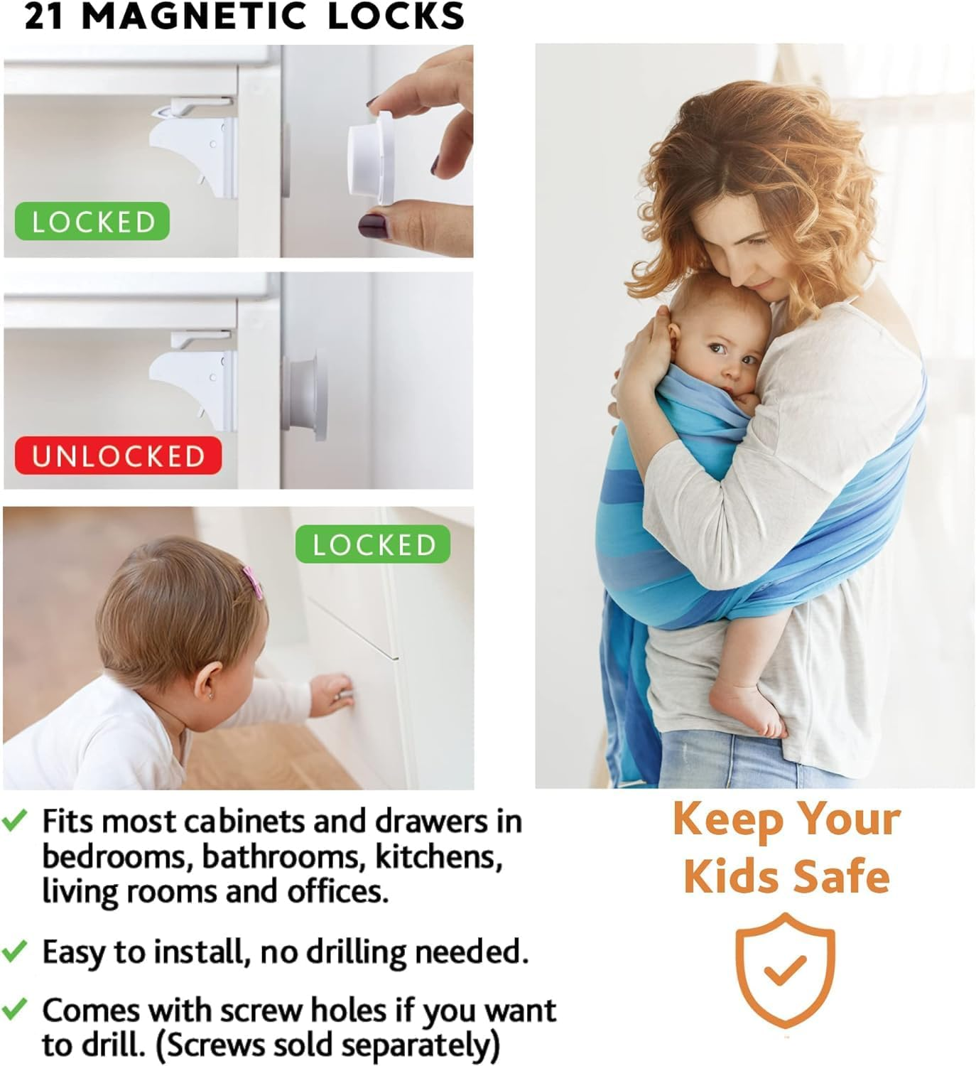 21 Magnetic Cabinet Locks 3 Keys, Child Safety 61-Piece Kit, Magnet Locks with New Upgraded Adhesive, Easy Installation, No-Drill Baby Proofing Locks to Childproof Cabinets & Drawers image number 6