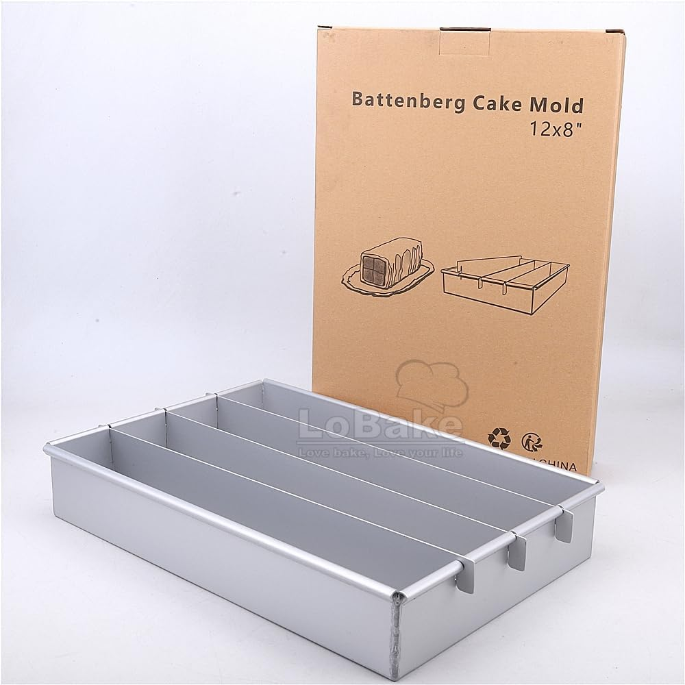 Lobake Adjustable Rectangle Shape Aluminium Alloy Battenberg Cake Mold Dessert Bread Pan Chiffon Tin with Dividers DIY Baking Supplies (Big Size 12 * 8 Inch) image number 2