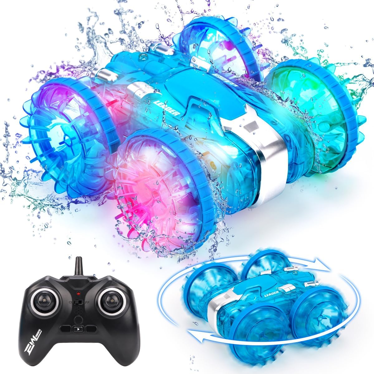 Toys for 4-8-12 Year Old Boys Amphibious Remote Control Car Boat with LED Lights 4WD RC Car for Kids 2.4Ghz All Terrain Off-Road RC Stunt Car, Waterproof Pool Beach RC Vehicle Toy for Boys Girls-Blue image number 4