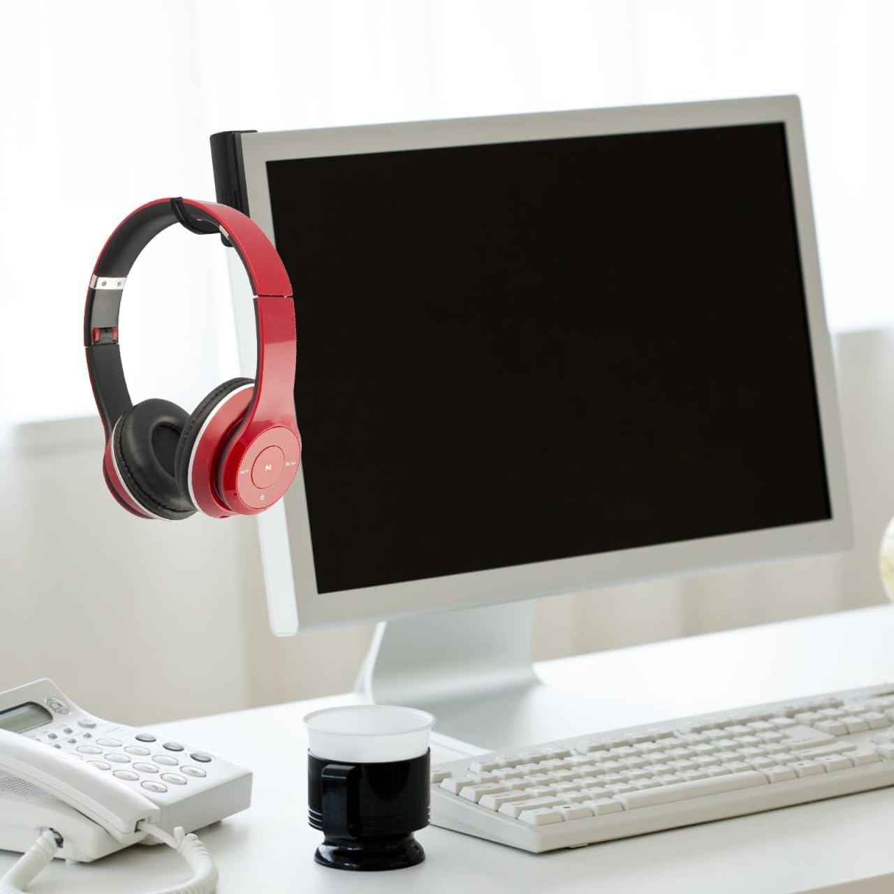 Angoily 5Pcs Headphone Hook Gadget Screen Monitor Headphones Earphones Sport Headphones Headset Mount for Monitor Dual Headphone Stand Headset Holder Mount Cable Hub Black Plastic image number 2