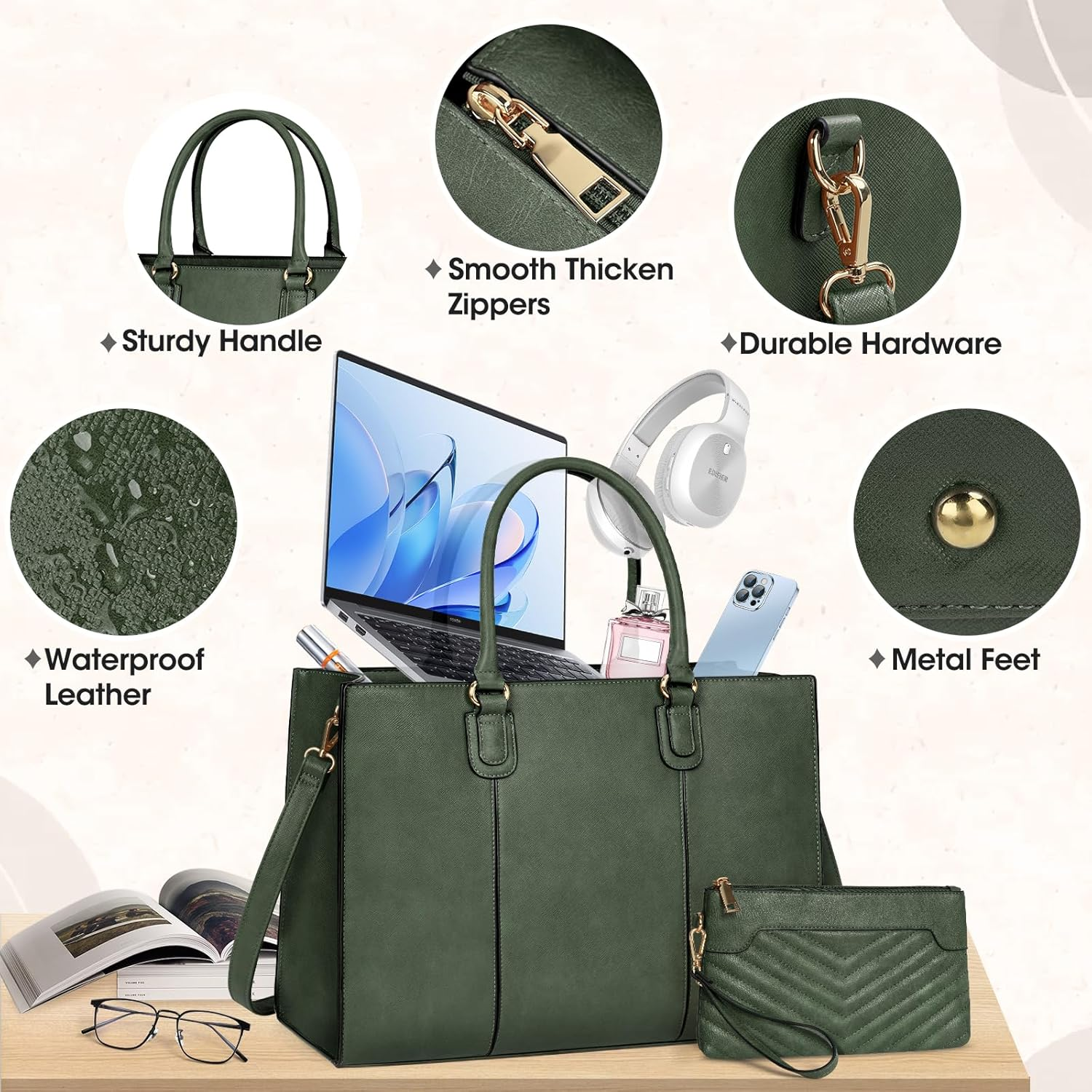 NEWHEY Laptop Bag for Women 15.6 Inch Work Tote Leather Computer Bag with Clutch Purse Professional Office Briefcase Waterproof Handbag Shoulder for Business Travel College image number 1
