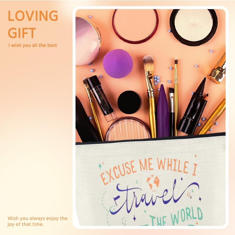 World Travel Gifts for Women Makeup Bags Birthday Christmas Xmas Gifts for Traveler Flight Attendants Friends Mom Daughter Trip Gift Excuse Me While I Travel the World Makeup Organizer Cosmetic Bag image number 1