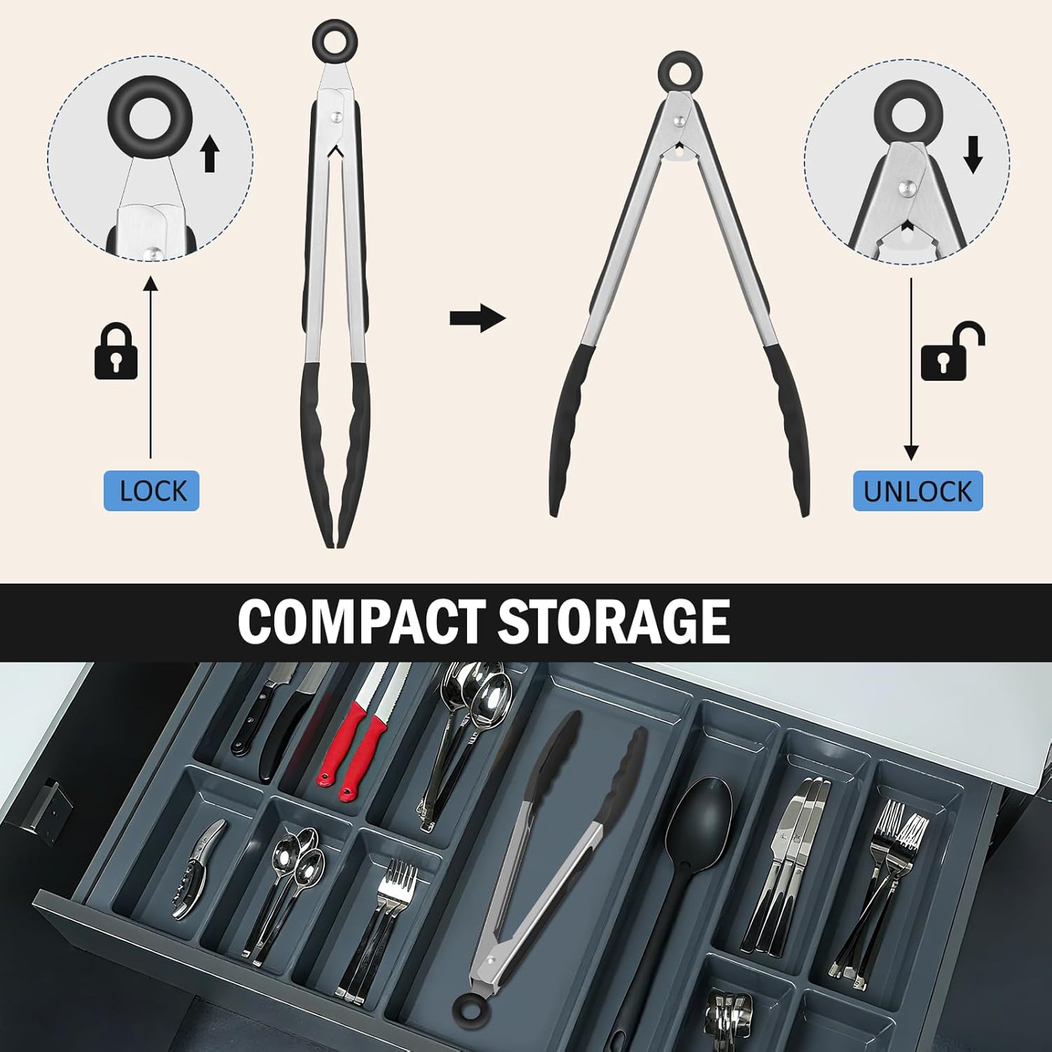 Tongs for Cooking, 600&ordm;f High Heat-Resistant Stainless Steel Kitchen Tongs with Silicone Tips, Non Scratch, Locking Tong for BBQ Grilling Air Fryer Food Salads, Set of 2 (9" and 12") Black image number 5