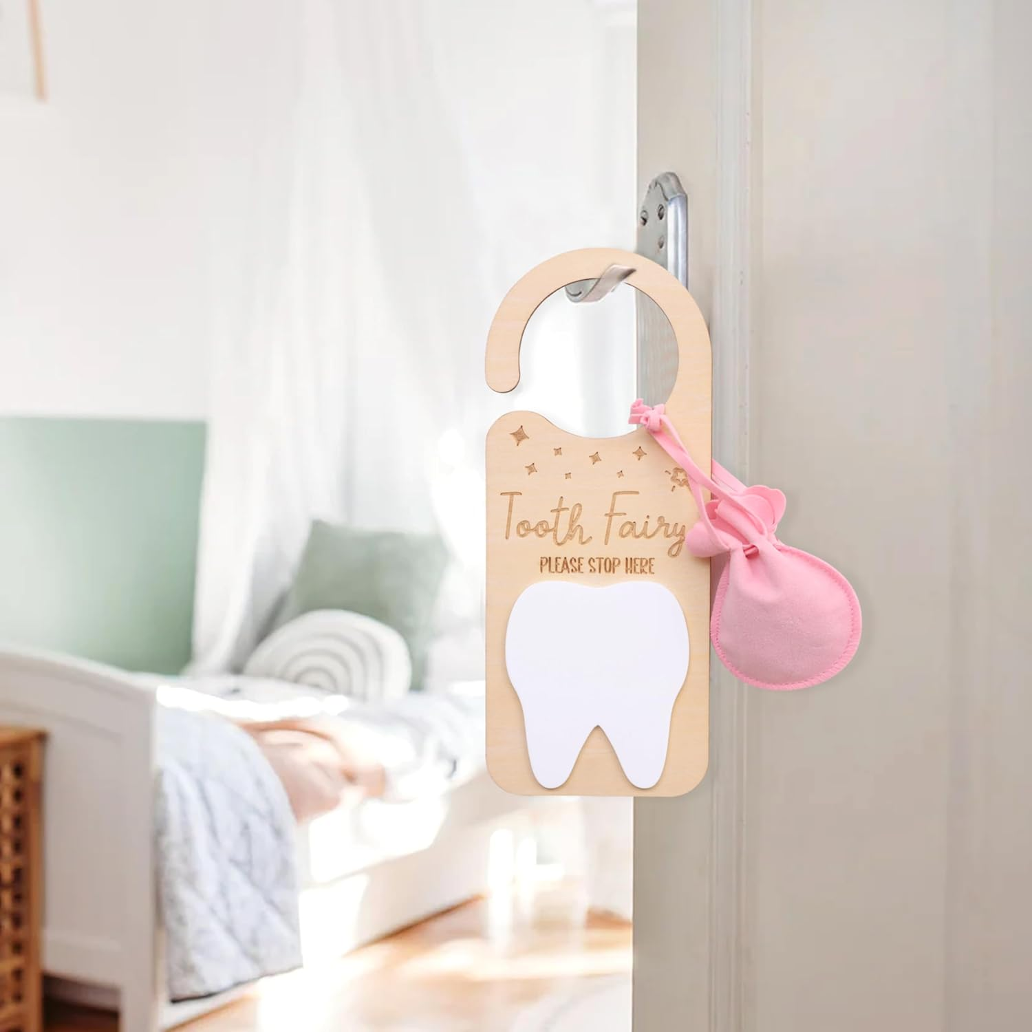 Tooth Fairy Door Hanger - Door Wooden Hanger Decoration , Tooth Fairy Money Holder , Personalized Tooth Holder Bag , with Money Holder Tooth Fairy Pick up Box (Door Hanger Pink) image number 4