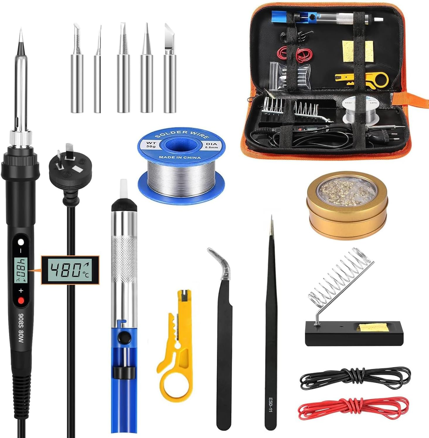 YVXUN Electronics Soldering Iron Kit, 80W Adjustable Temperature Welding Tool with LCD Display, 16 in 1 Kit, On/Off Switch, Solder Wire, 5Pcs Soldering Tips, Soldering Stand, Desoldering Pump image number 3