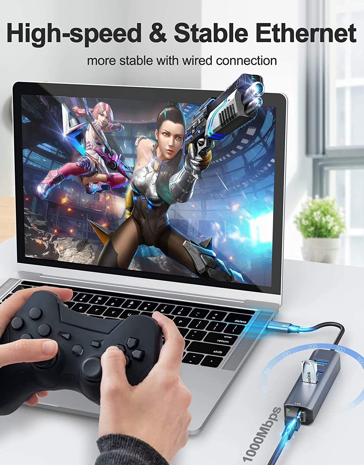 ABLEWE USB C to Ethernet Adapter, 4-In-1 RJ45 to Usb-C/Thunderbolt 3 to Gigabit Ethernet LAN Network Adapter for Macbook Pro/Air 2021/2020/2019, Ipad Pro 2021, Chromebook, XPS, Surface Book 3/2/Go - Grey image number 4