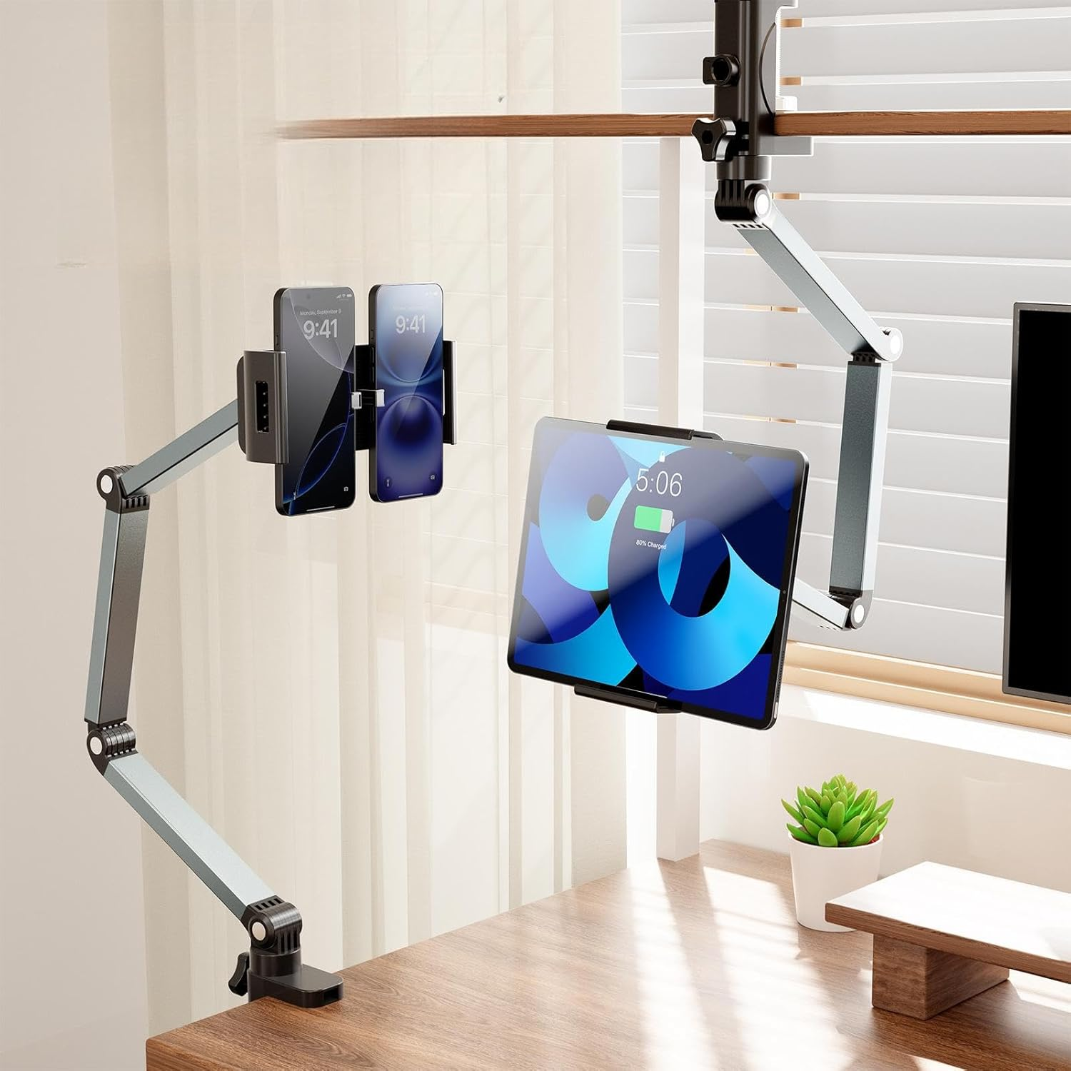 Tablet Stand Holder, Foldable Ipad Phone Tablet Stand for Desk and Bed, Aluminum Alloy Arm Mount 360&deg; Adjustable Phone Holder Compatible, Phones or Other 4.7-16" Device (Black) image number 2