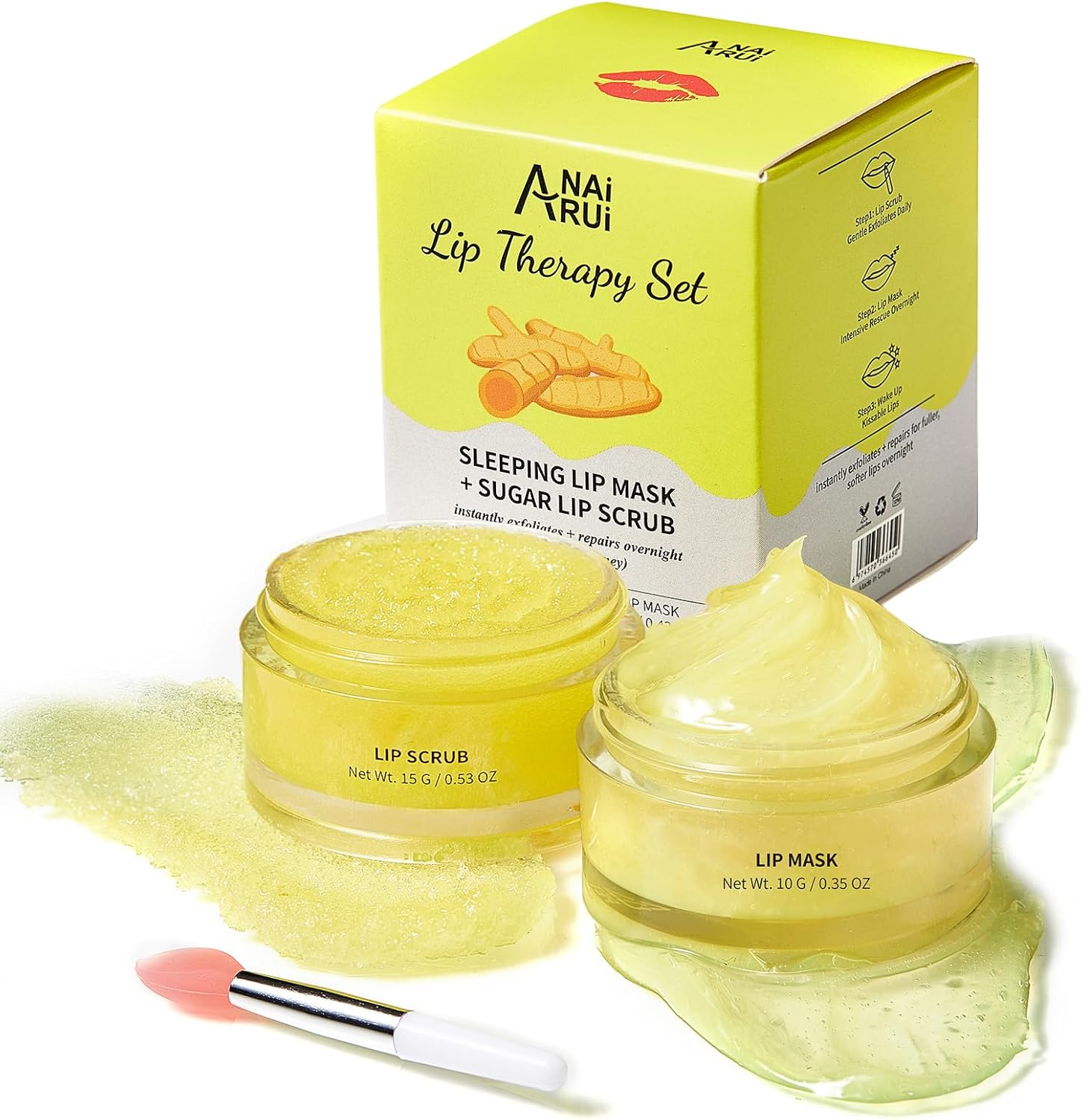 ANAI RUI Lip Care Kit - Sugar Scrub Set, Sleeping Mask & Exfoliator - Overnight Skin Treatment - Scrub & Moisturizer for Dry Chapped Cracked Peel Lips (Turmeric+Honey) image number 2