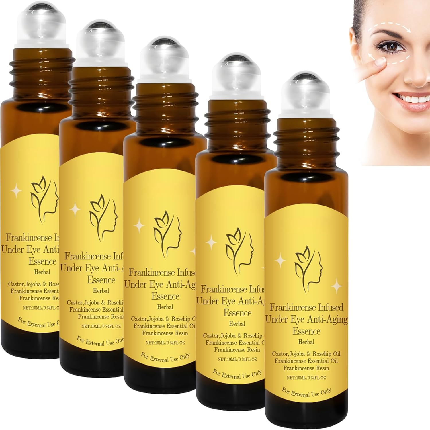 Frankincense Eye Roller Ball Essence Oil with Castor, Jojoba and Rosehip &ndash; under Eye Serum for Dark Circles, Puffiness, Wrinkles, Fine Lines &ndash; Anti-Aging Hydrating Eye Treatment Roller 10Ml (3Pcs)