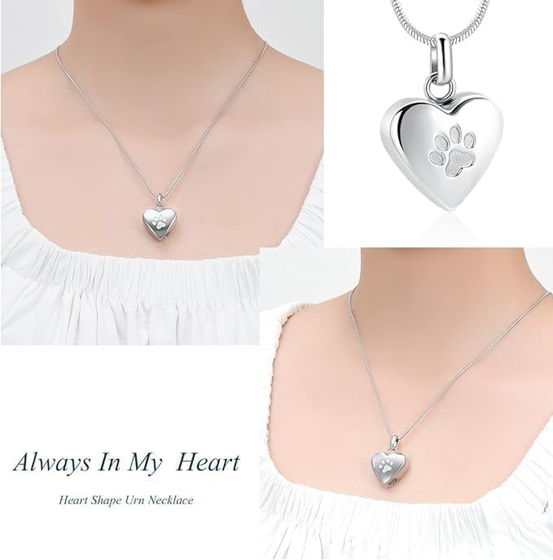 Heart-Shaped Pet Cremation Jewelry Pendant for Ashes - Paw Print Urn Necklace Memorial Keepsake for Dogs & Cats (Silver, One Size) image number 3