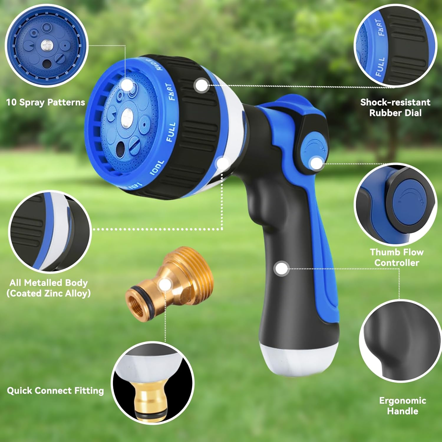 Garden Hose Nozzle - Water Spray Nozzle with 10 Adjustable Patterns, High Pressure Water Gun with Slip Resistant Handle for Watering Plants, Lawn & Grass, Washing Cars & Pets,Cleaning Outdoor image number 4